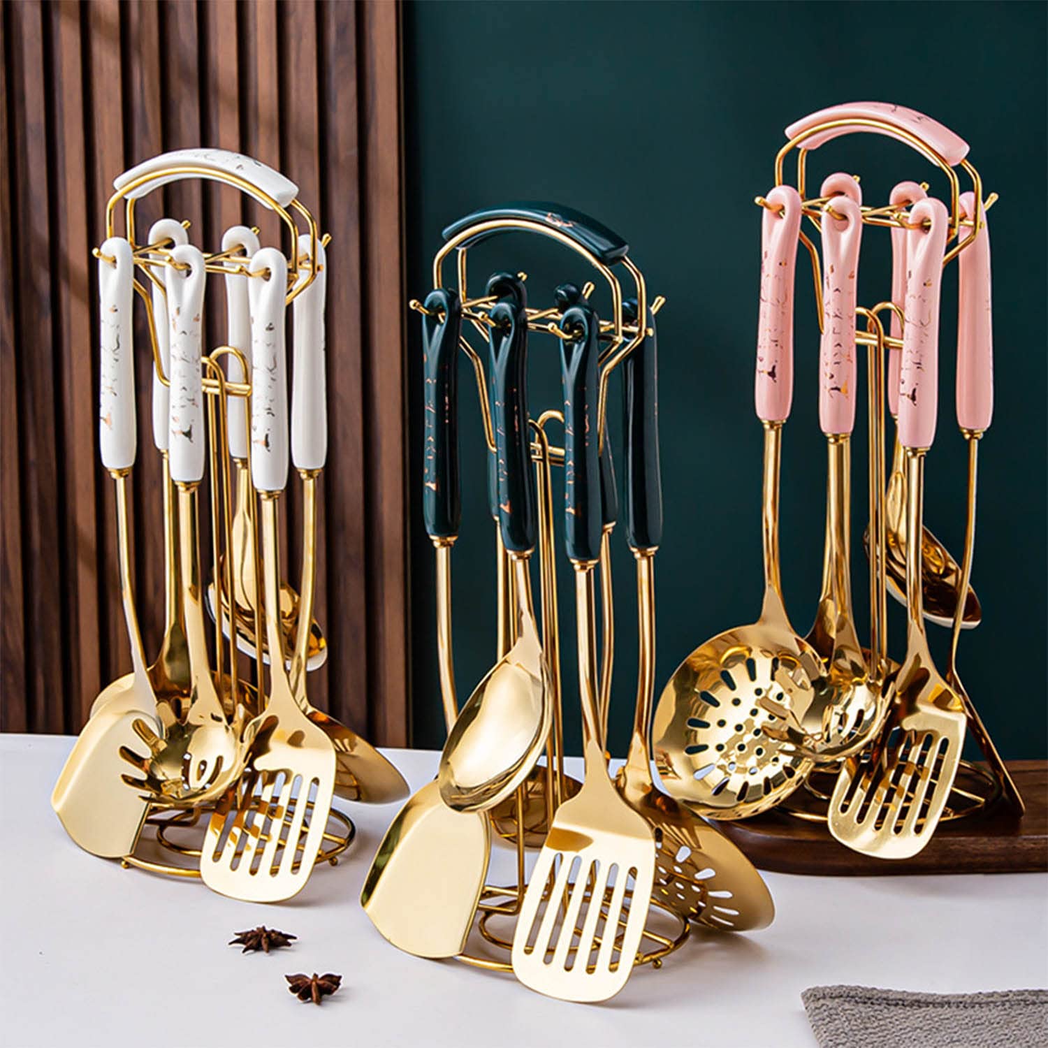 MRKU Ensemble d'ustensiles de Luxe 7 pièces en Acier Inoxydable, Manche en céramique avec Support, spatule, spatule ajourée, louche, cuillère de Service, Pelle à pâtes