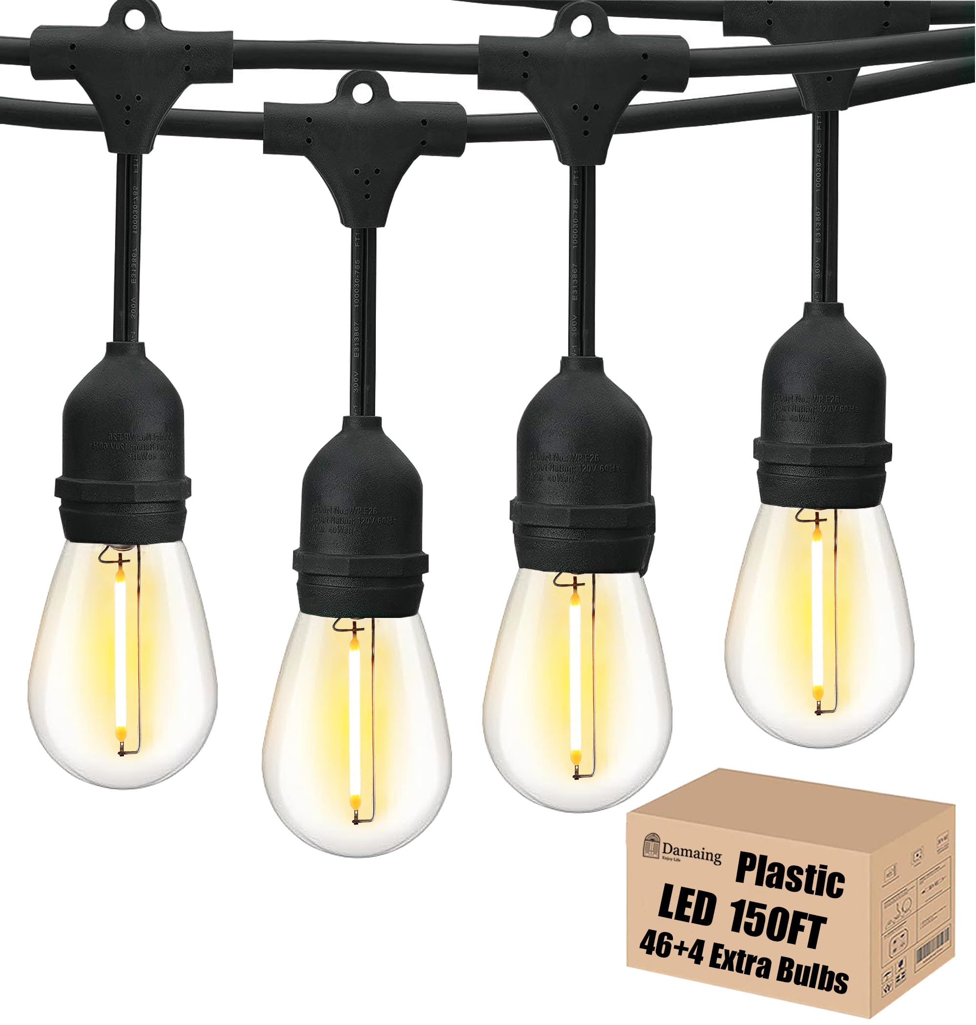 DAMAING LED Outdoor String Lights 150FT,Shatterproof IP65 2 Pack x 75Ft Patio Lights for Heavy Duty Hanging Lights Waterproof,Outdoor Edison String Lights for Outside House Backyard,Porch,Yard