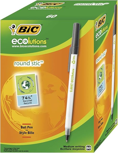BIC Round Stic ECOlutions Ballpoint Pens - Box of 60 - Black - Medium Writing Point (1.0 mm) Large Office Size