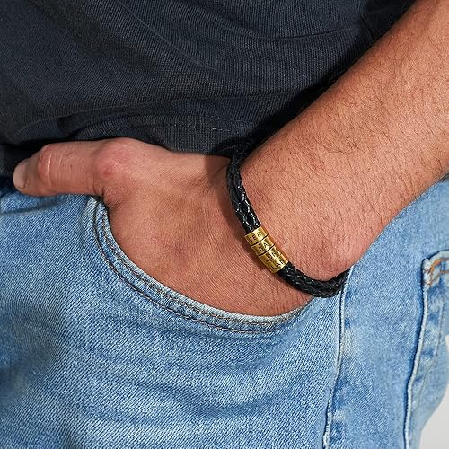 Vista 16 de Handmade Personalized Navigator Men's Genuine Leather Bracelet with Small Custom Beads in Sterling Silver - Custom Man Birthday Anniversary Jewelry