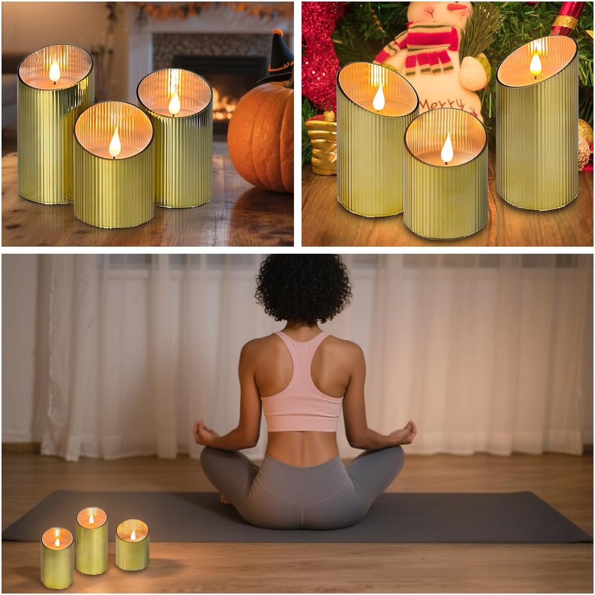 Rechargeable Flameless Candle, Flickering LED Pillar Glass Fake Candle with Remote and Timer, Built-in Battery Real Wax Electronic Candle for Room Decoration, Set of 3