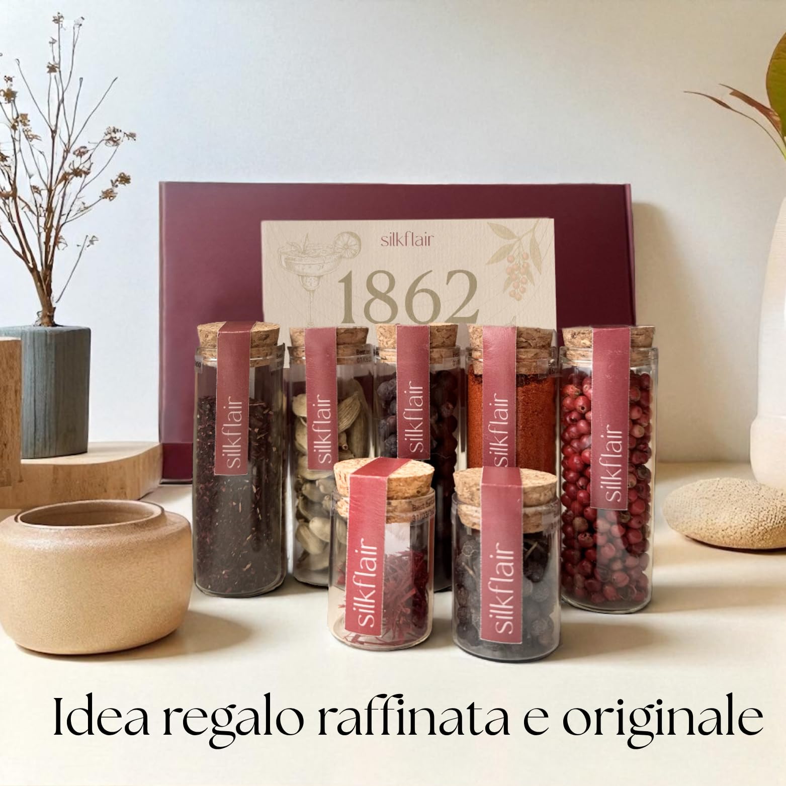 Silkflair "L'arte dei cocktail" (con zafferano in pistilli) Set spezie per cocktail e gin botanicals | Box premium con 7 spezie pregiate e 7 ricette originali