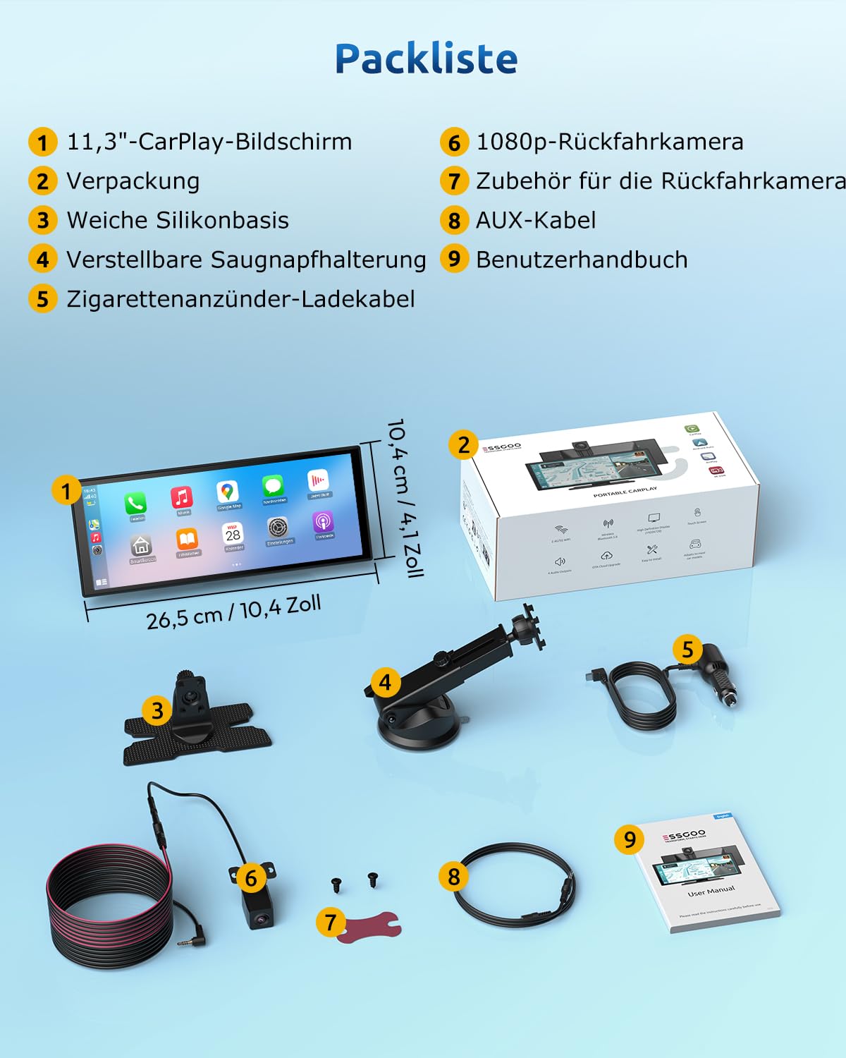 ESSGOO 11 Zoll CarPlay Android Auto Display Wireless,4K 360° Fahrzeugkamera | Apple CarPlay Bildschirm,1920×720 Touchscreen,1080P Rückfahrkamera,Bluetooth 5.3,Mirror Link,GPS,Sprachsteuerung,Autoradio