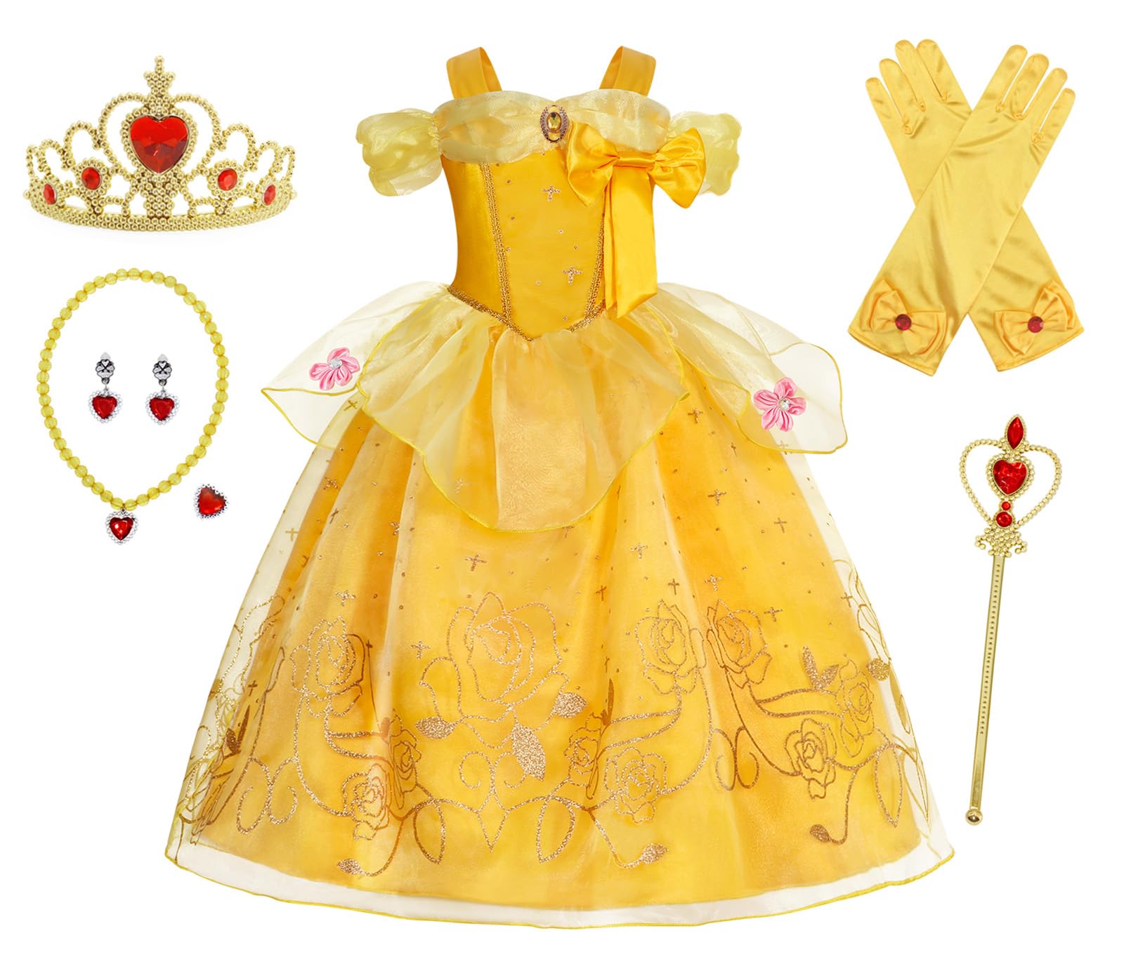 Berich Princess Yellow Dress up for Girls Fancy Dress with Crown World Book Day Costumes Halloween Christmas Outfit Kids Costume 7-8 Years(Yellow,130)