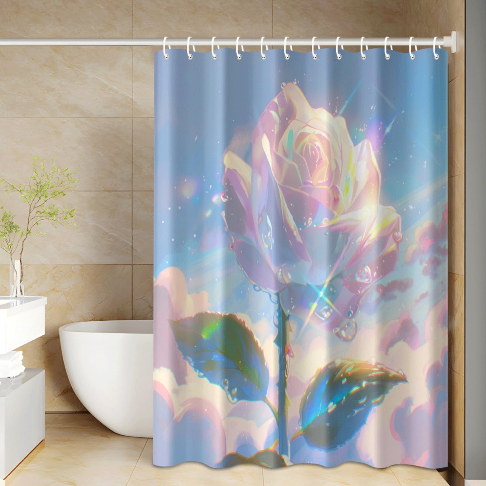 Rideau baignoire salle de bain impermeable en tissu polyester rose et bleu