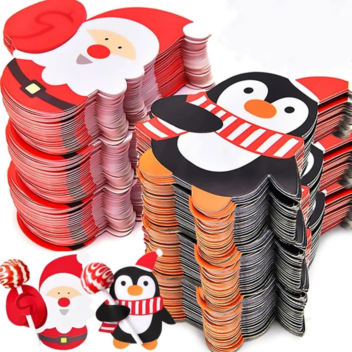 100pcs Christmas Lollipop Paper Cards Cartoon Santa Claus Penguin Snowman Kids Candy Gifts Package Wrapping New Year Party Decoration