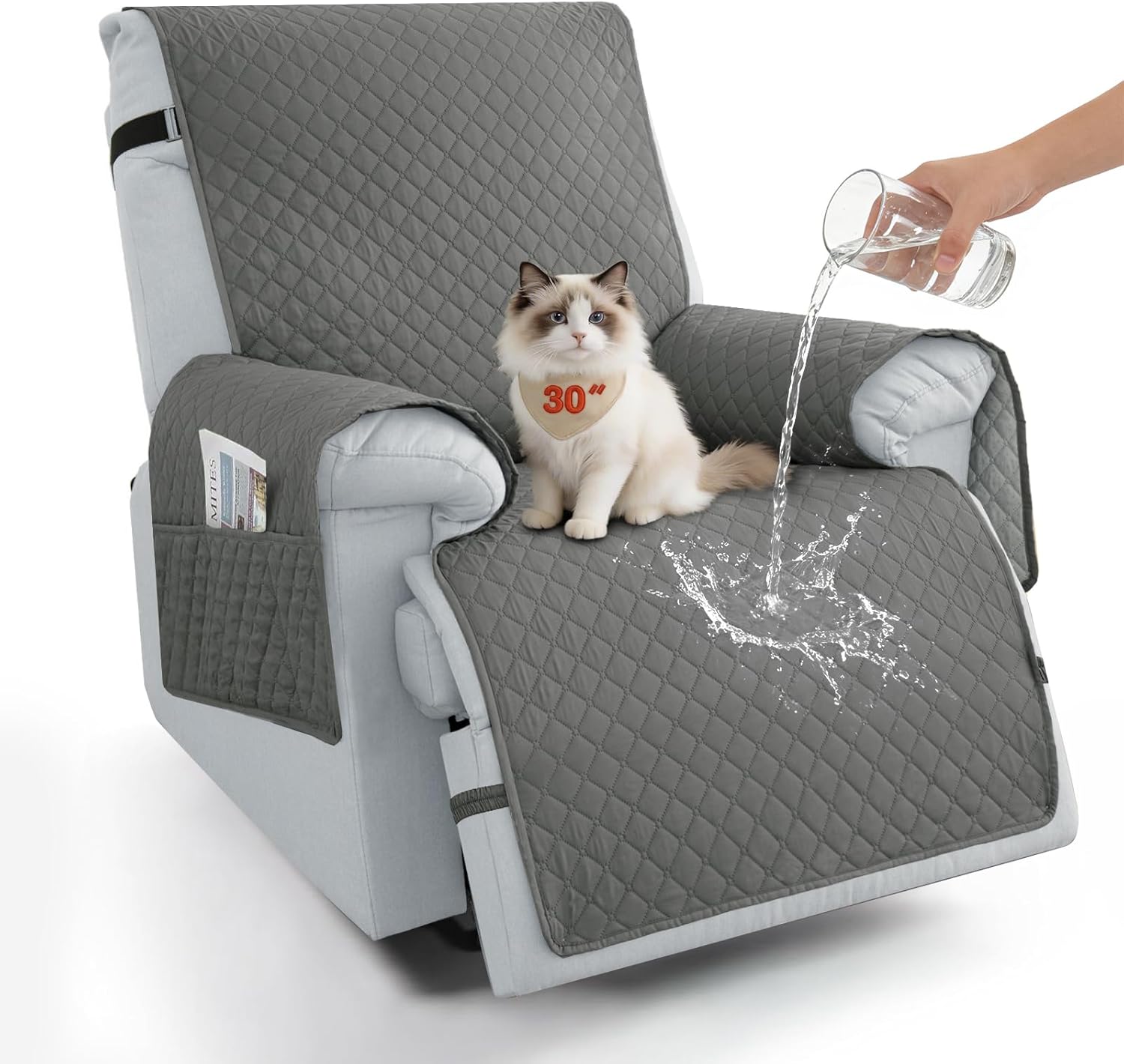 100% Waterproof Recliner Chair Covers 30", Non-Slip Recliner Cover for Chair with Pocket Washable Recliner Covers with Elastic Straps Oversized Recliner Cover for Kids Pets-Dark Gray