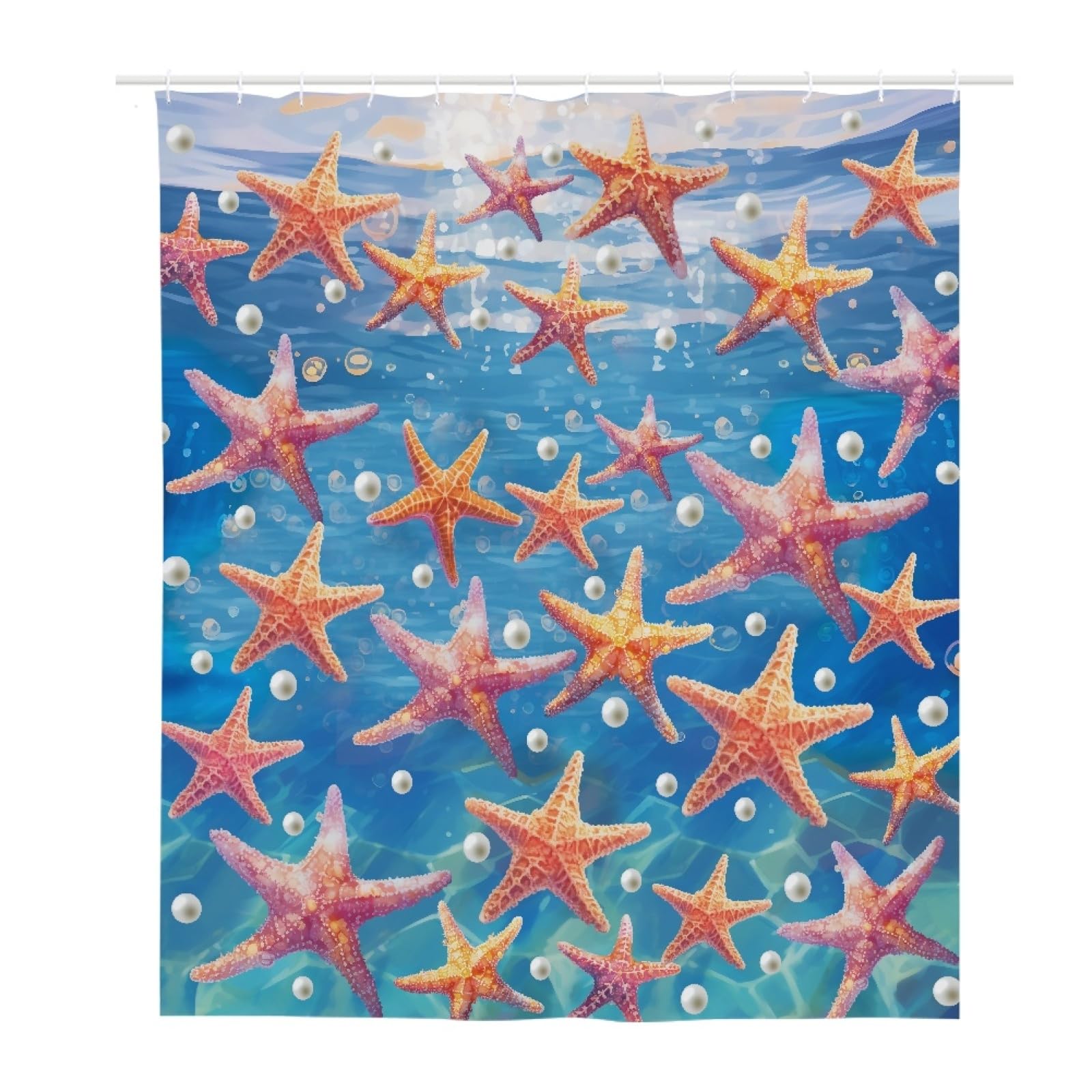 Rideau douche 200x240 marron et bleu motif étoile de mer imperméable pour baignoire