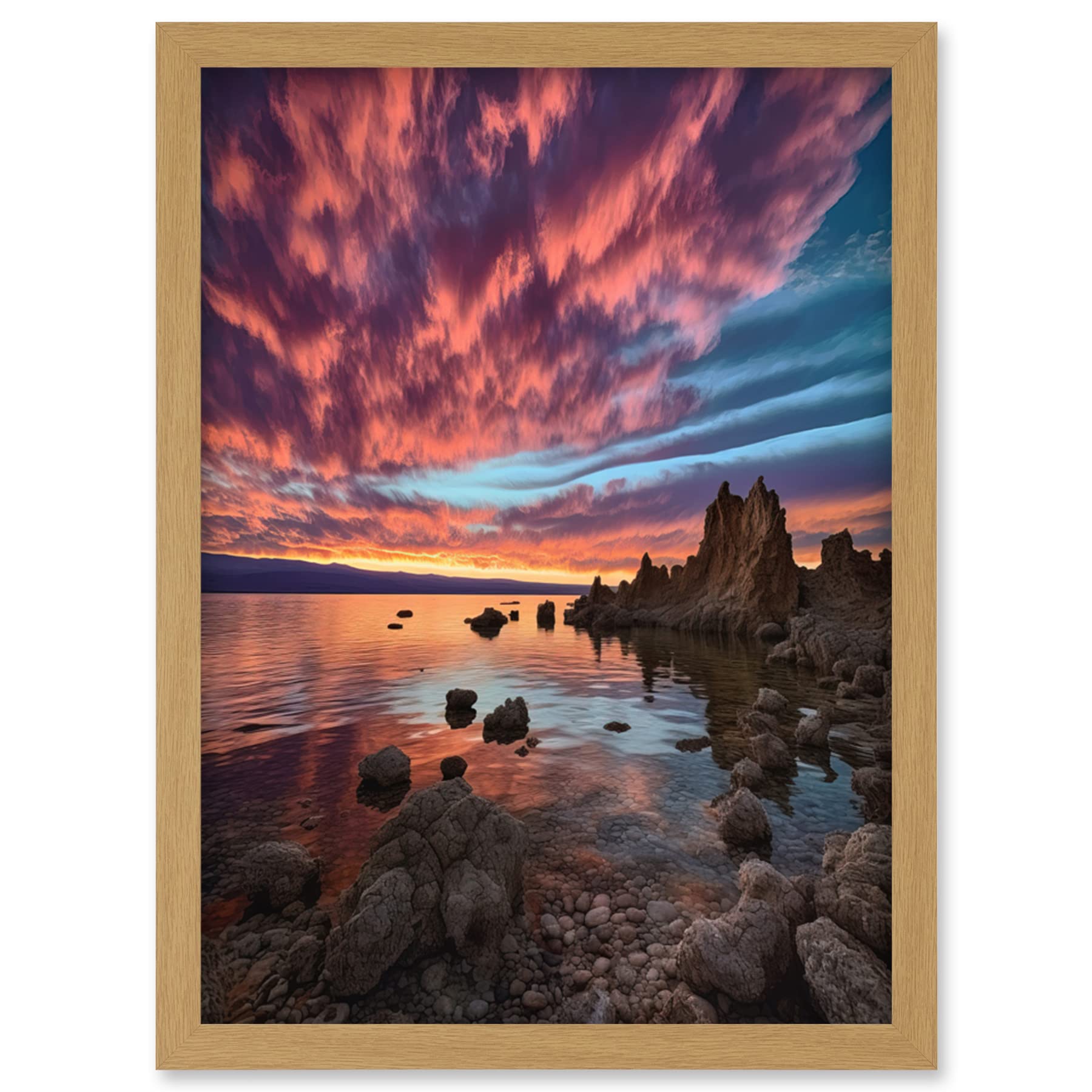 Artery8 Atmospheric Sunset Clouds Over Mono Lake Lakeside Landscape Modern Watercolour Painting Artwork Framed Wall Art Print A4