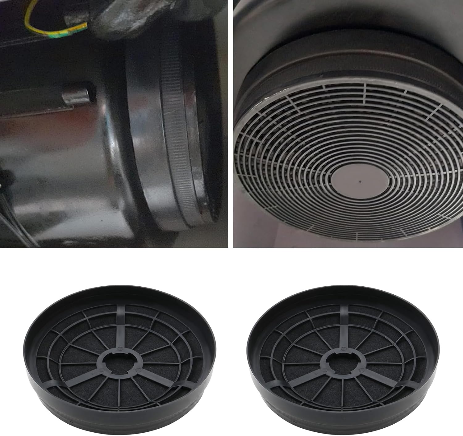 Close-up view of a carbon charcoal filter being installed into a range hood motor