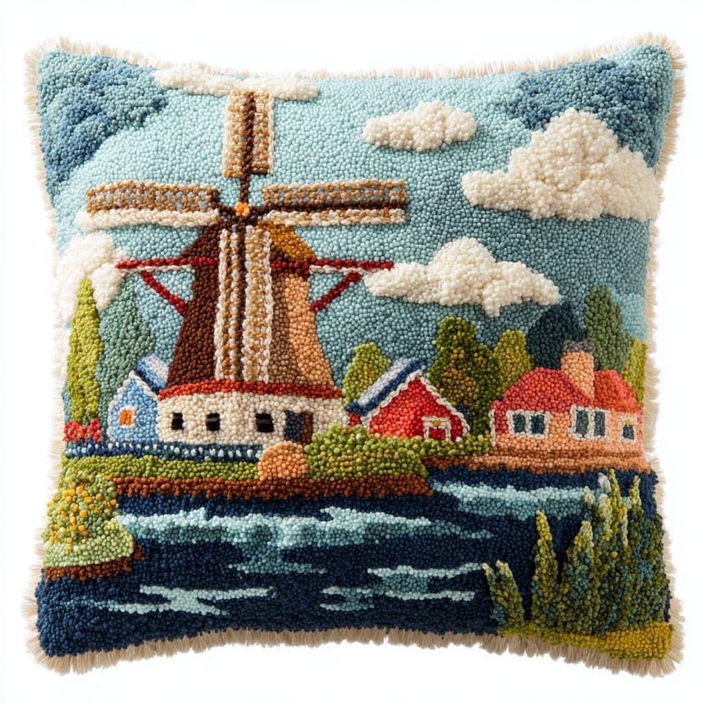 Wallustrioaw Windmills In The Village Latch Hook Pillow Kits Pillow Cover,