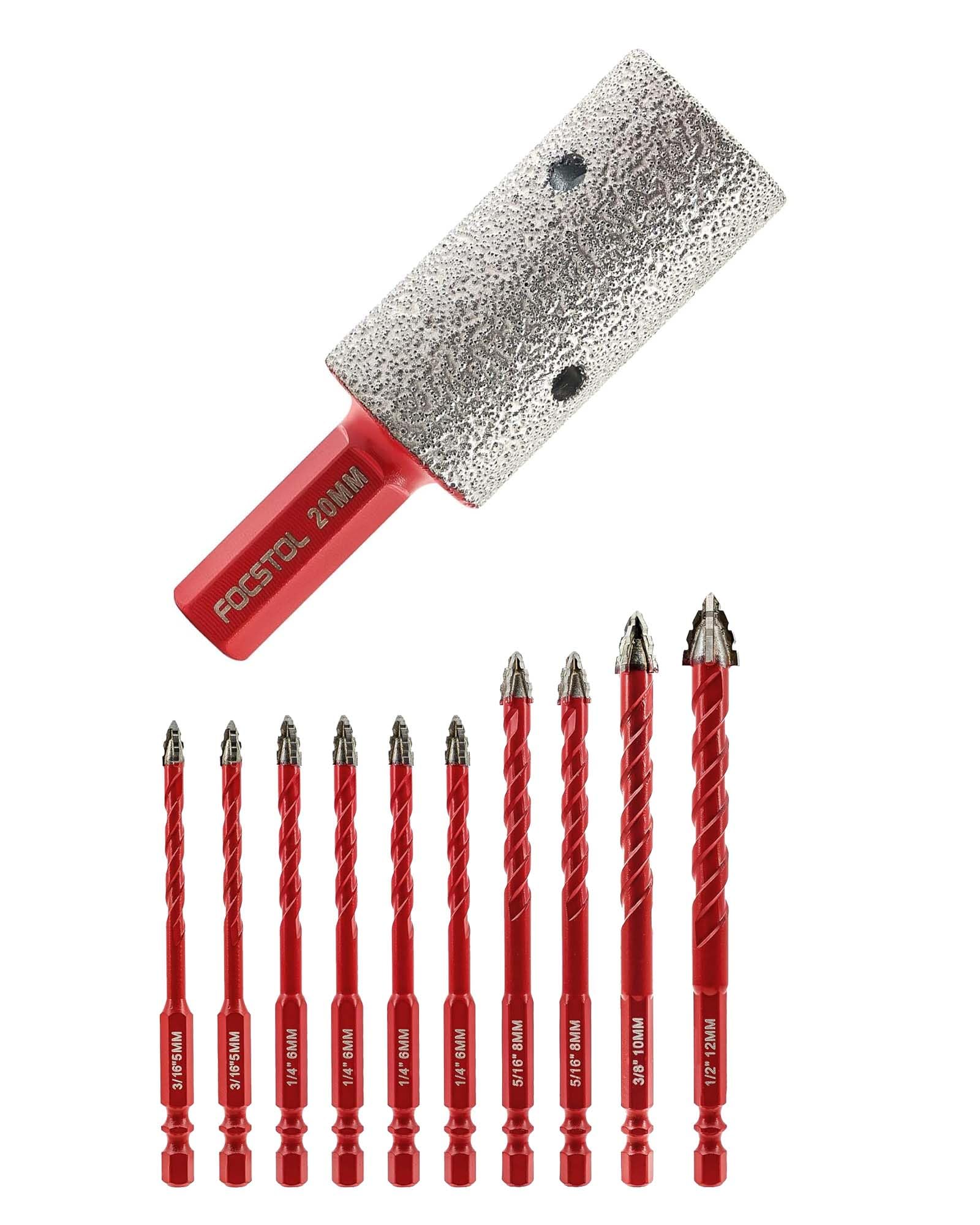 FOCSTOL Punte Trapano Eccentriche 10 Pezzi 5/6/8/10/12mm e Frese Diamantate 20mm