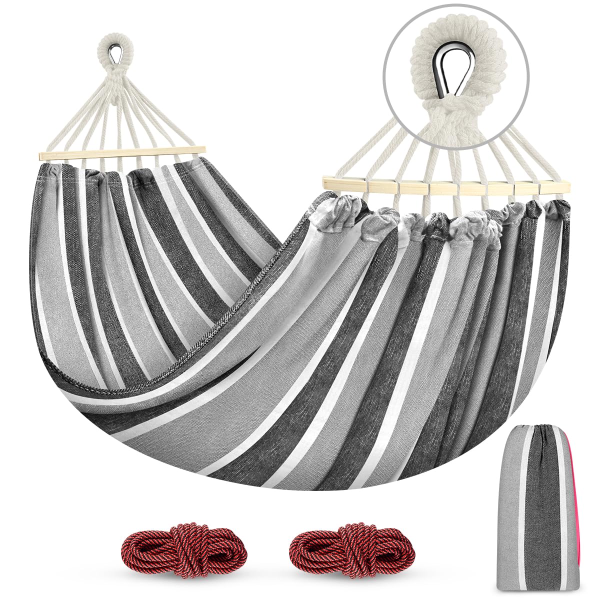 MOSFiATA Camping Hammock 550lb Upgraded Thickened 320G Durable Canvas Fabric Single Hammocks with Two Anti Roll Balance Beam and Sturdy Metal Knot Tree Straps for Camping, Patio, Backyard, Outdoor