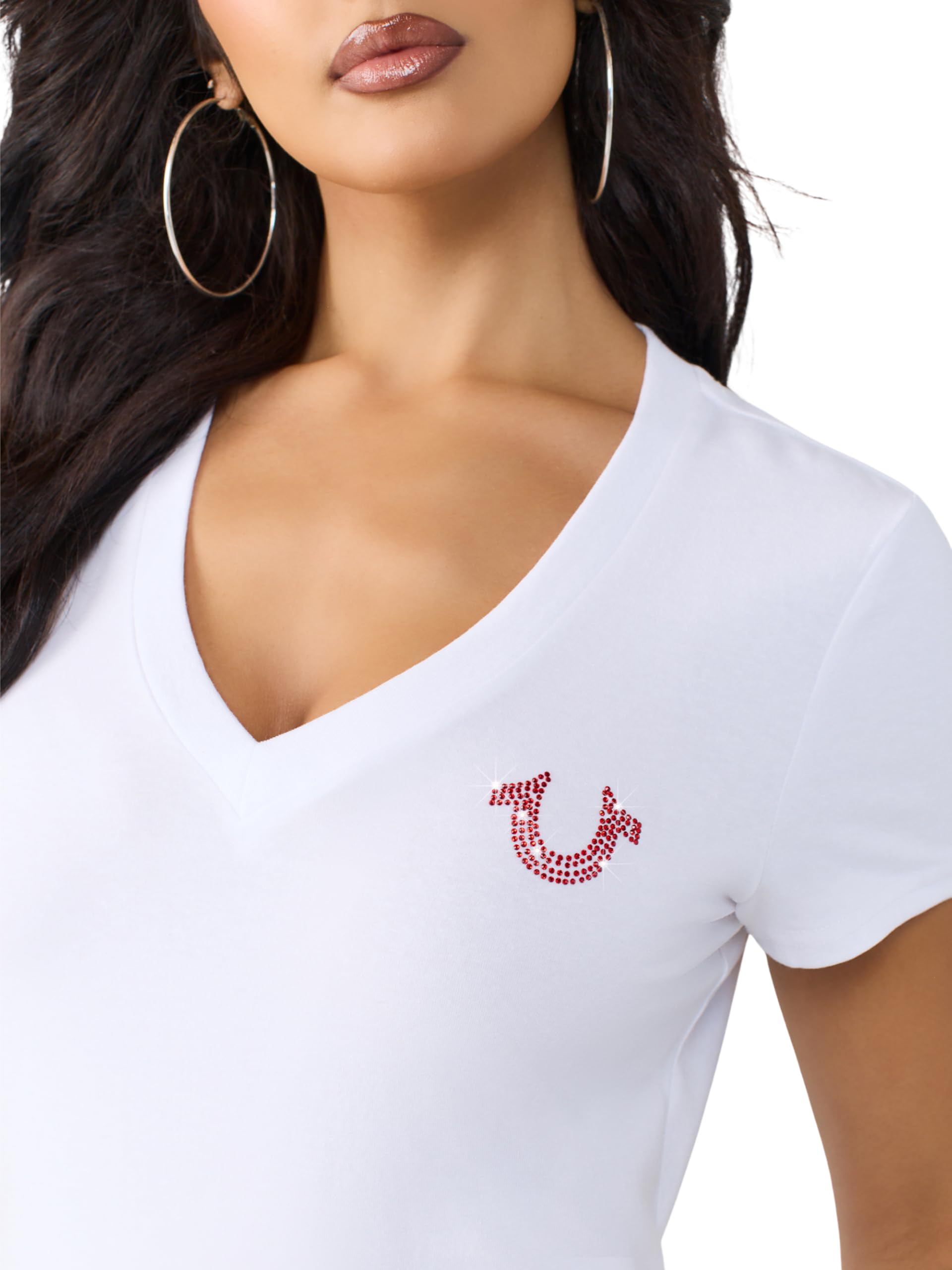 True Religion Heritage Classic T-Shirt mit V-Ausschnitt für Damen, weiches Baumwoll-Mischgewebe, Stretch-Stoff, schmeichelhafte Passform
