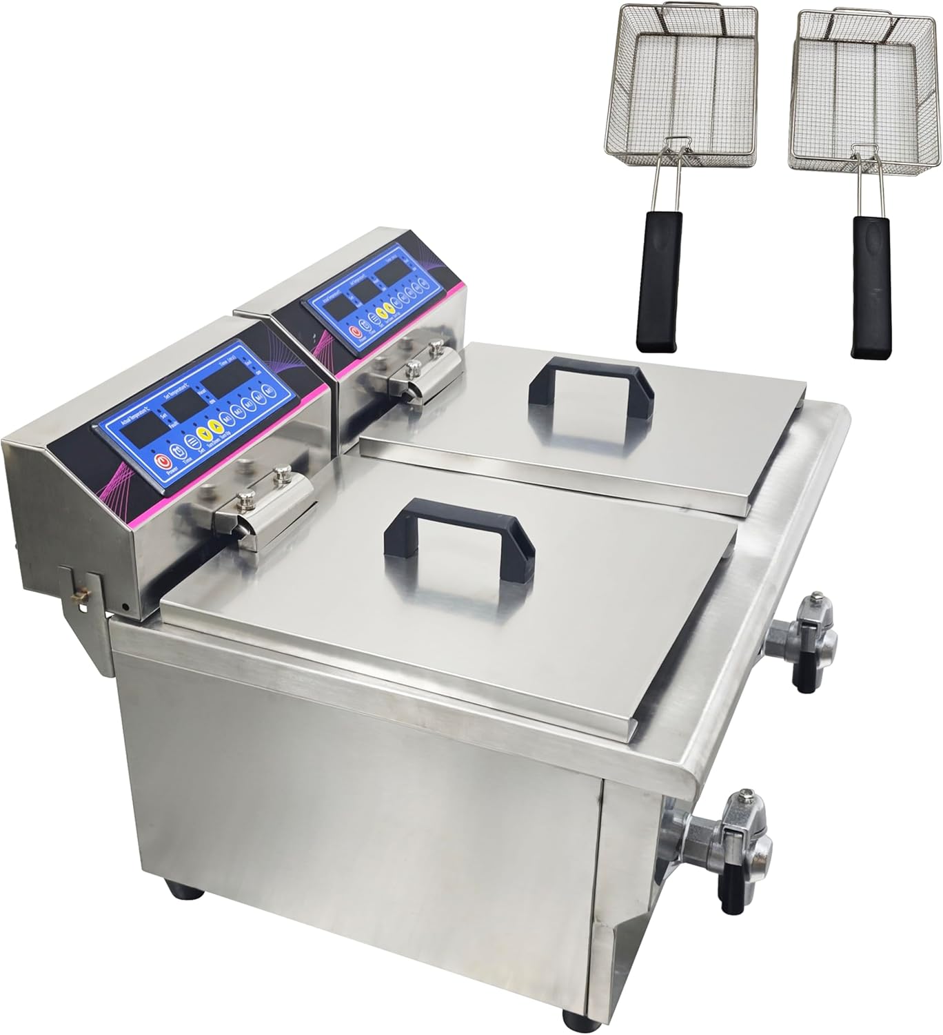 TECHTONGDA 10L+10L Electric Dual-Tank Commercial Deep Fryer Stainless Steel with Double-Basket & 2 Oil Drain Valves Timer & Temp Control for French Fries Chicken Wings Sausage 220v/3000w
