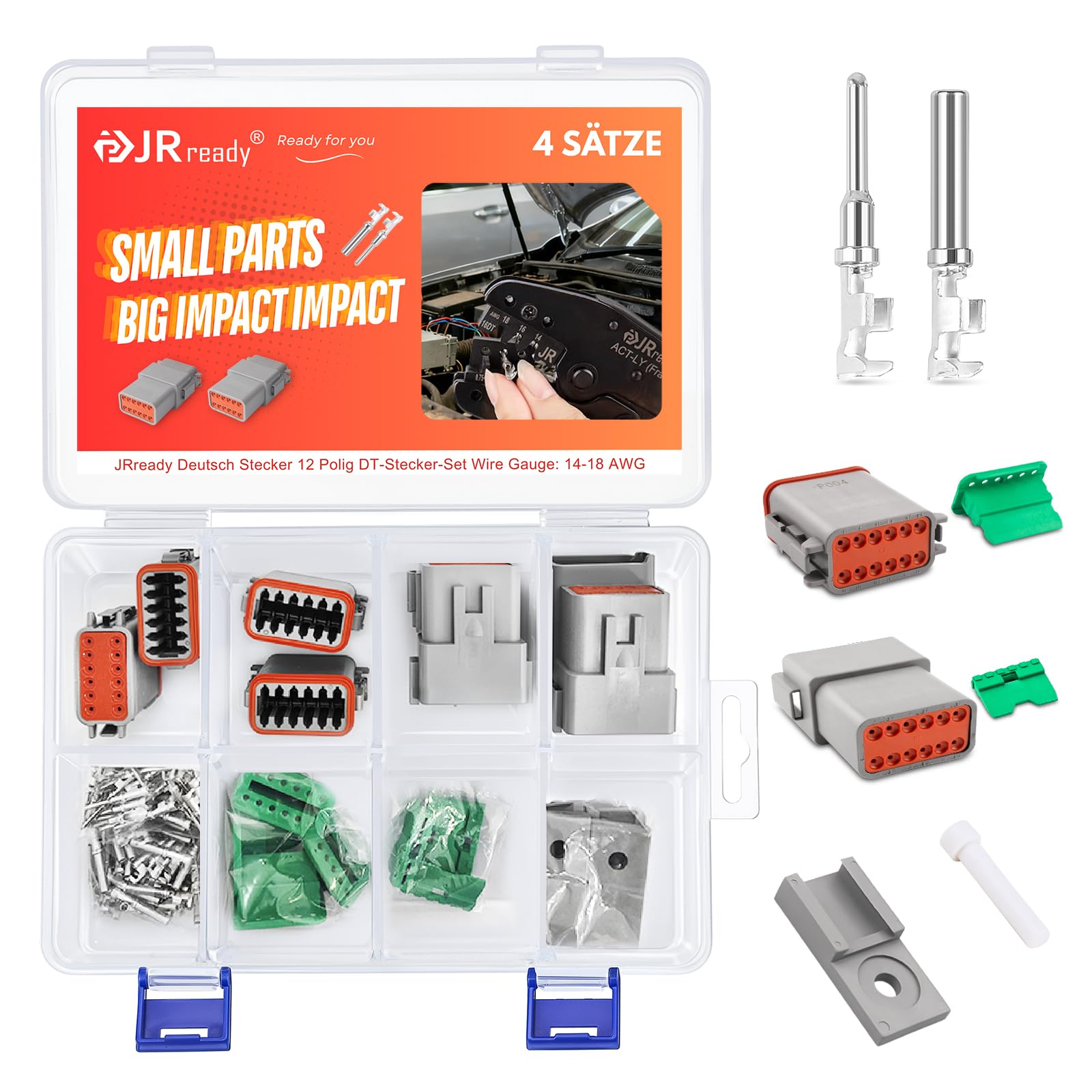 JRready Deutsch Stecker 4 Sätze 12 Polig DT-Stecker-Set Grau IP68 Wasserdicht Versiegelt mit 52PCS Deutsch Terminal kit Gestanzten Kontakten Wire Gauge 14-18 AWG für Auto,LKW,Motorrad,Roller usw