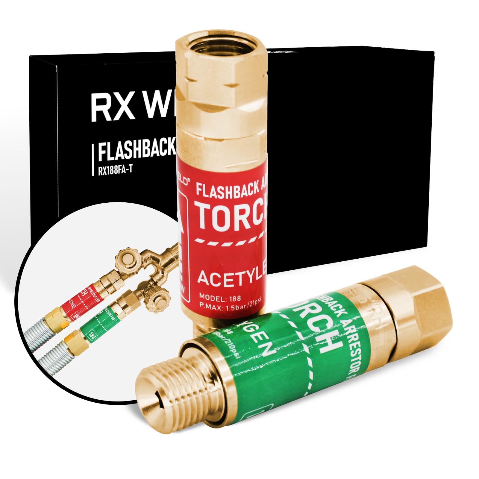 RX WELD Oxygen Acetylene Torch Flashback Arrestors Set, Torch End - Standard "B" 9/16-18UNF Threads Size