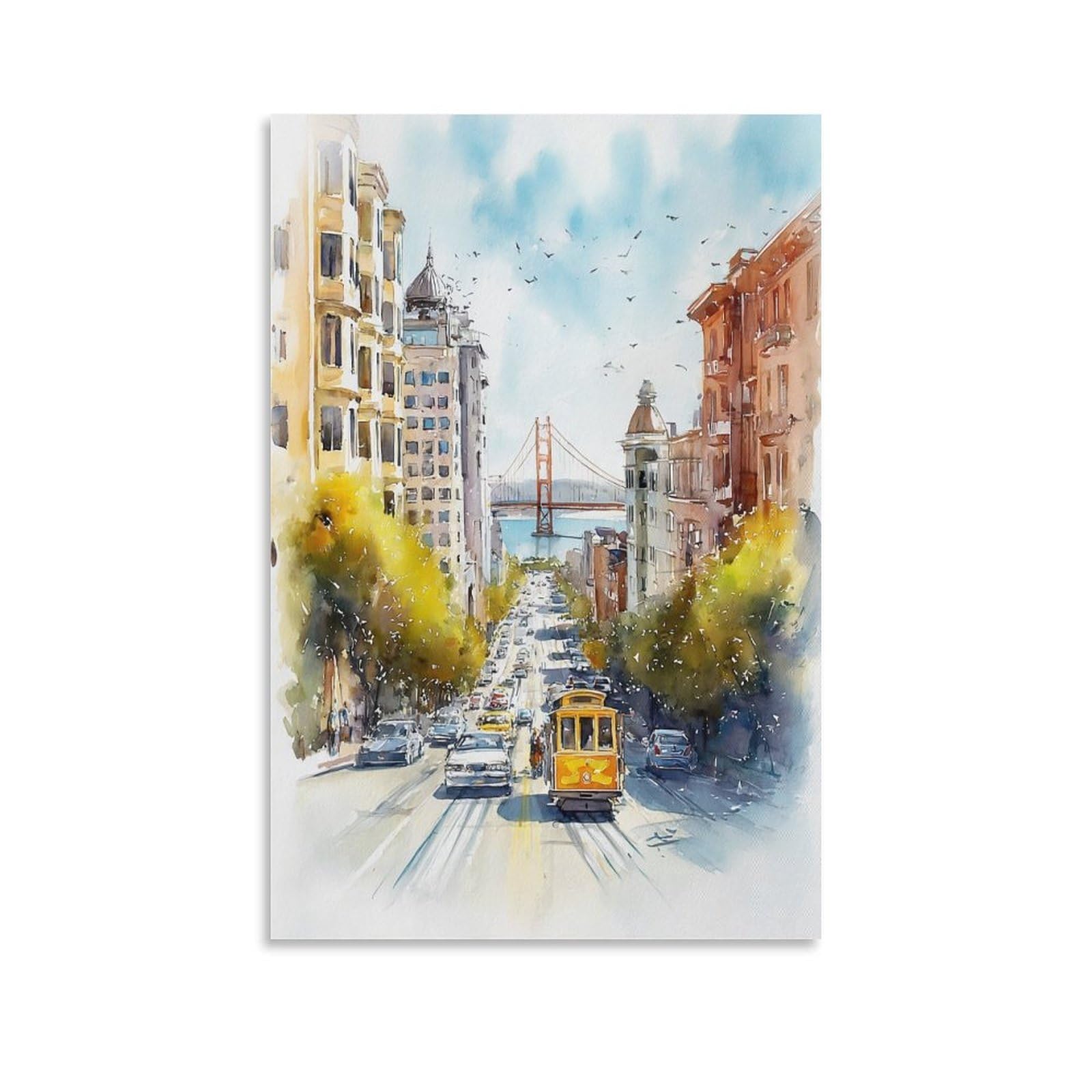 LCYNNH San Francisco Watercolor Print 20x30inch(50x75cm) Vintage Travel Poster Watercolor Canvas Art