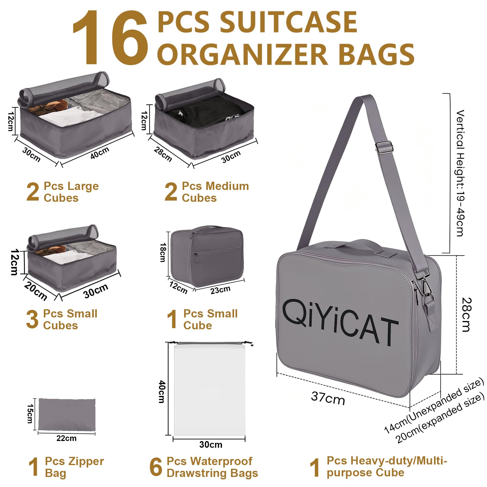 Packing Cubes - Organizer per valigie, 16 pezzi, grandi borse per bagagli, viaggi in famiglia, conservazione a casa (16, grigio chiaro)