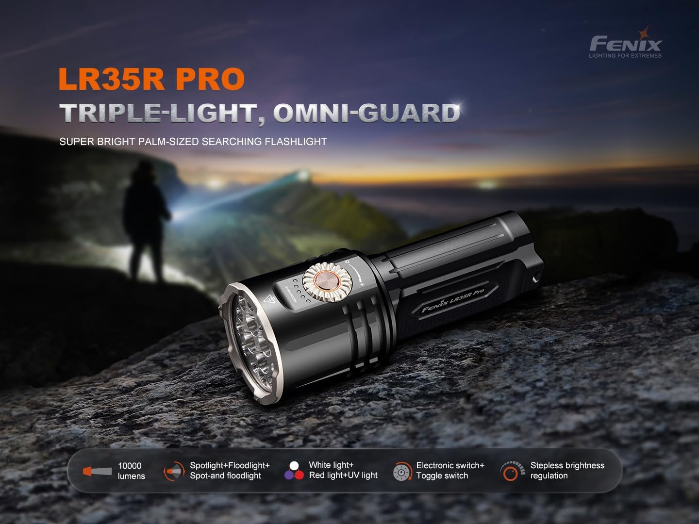 Fenix LR35R Pro 10,000 Lumen Ultra Bright Flashlight with Red Light and UV Light, and Lumentac Organizer