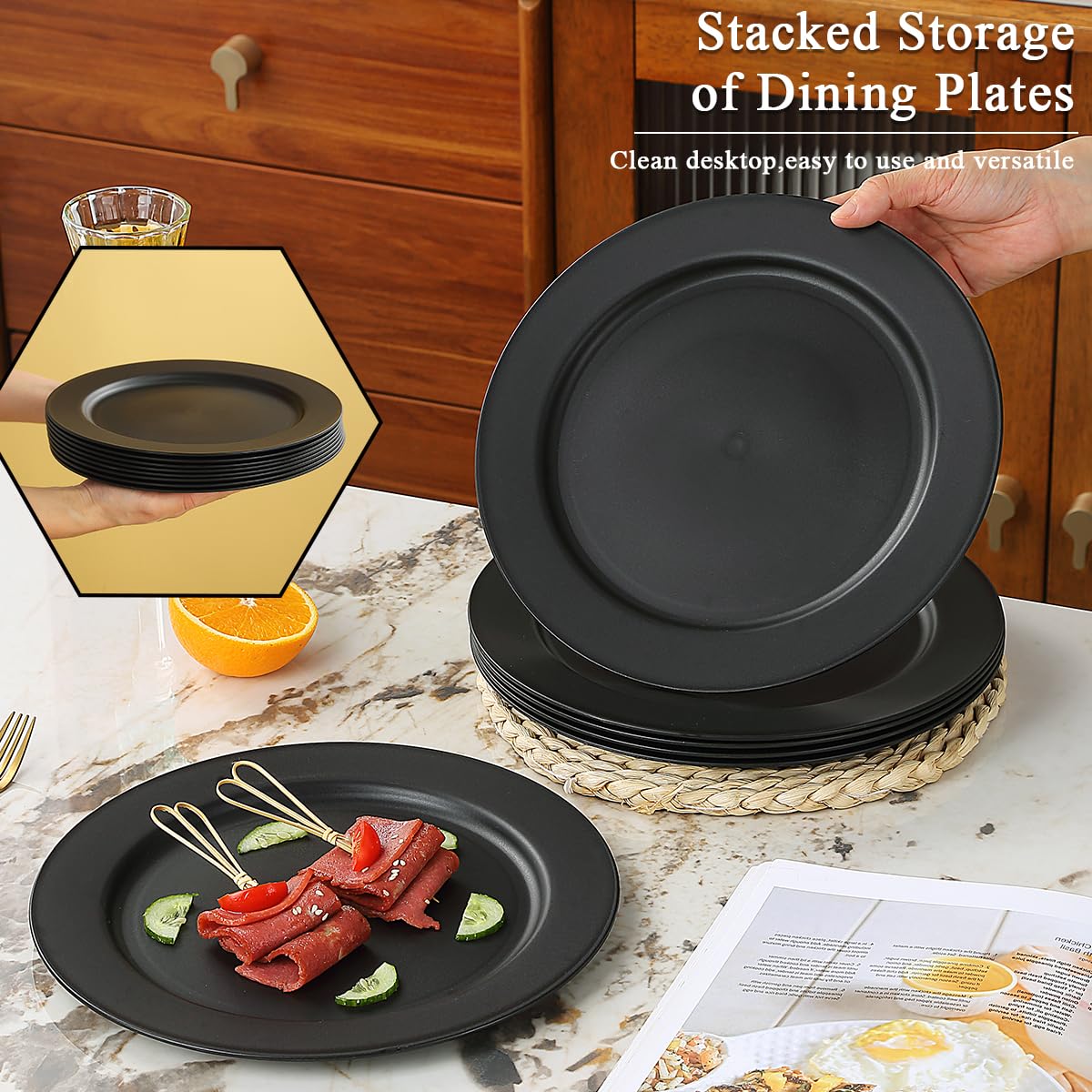 Berglander Set di piatti in plastica nera da 12 pezzi da 25cm riutilizzabili, piatti per insalate, ciotole per pasta, facili da trasportare per casa, giardino, picnic, campeggio, all'aperto