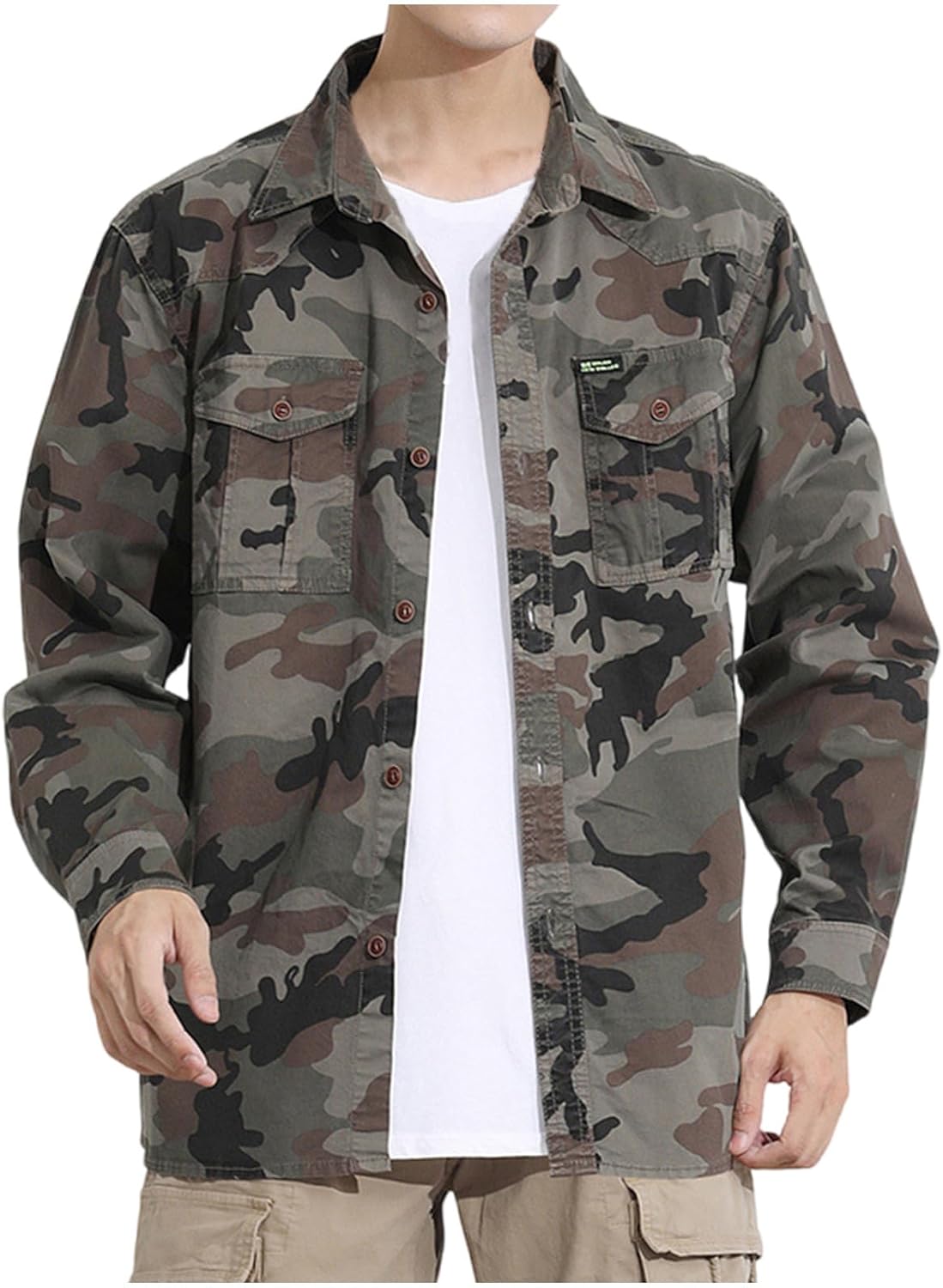 Men's Camo Shirt Jacket Long Sleeve Button Down Camouflage Coats with Pockets