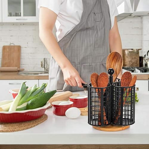 Miniatura 7 de Peohud Organizador giratorio para utensilios, 3 secciones, soporte para cubiertos de encimera, organizador de cubiertos con base de madera para