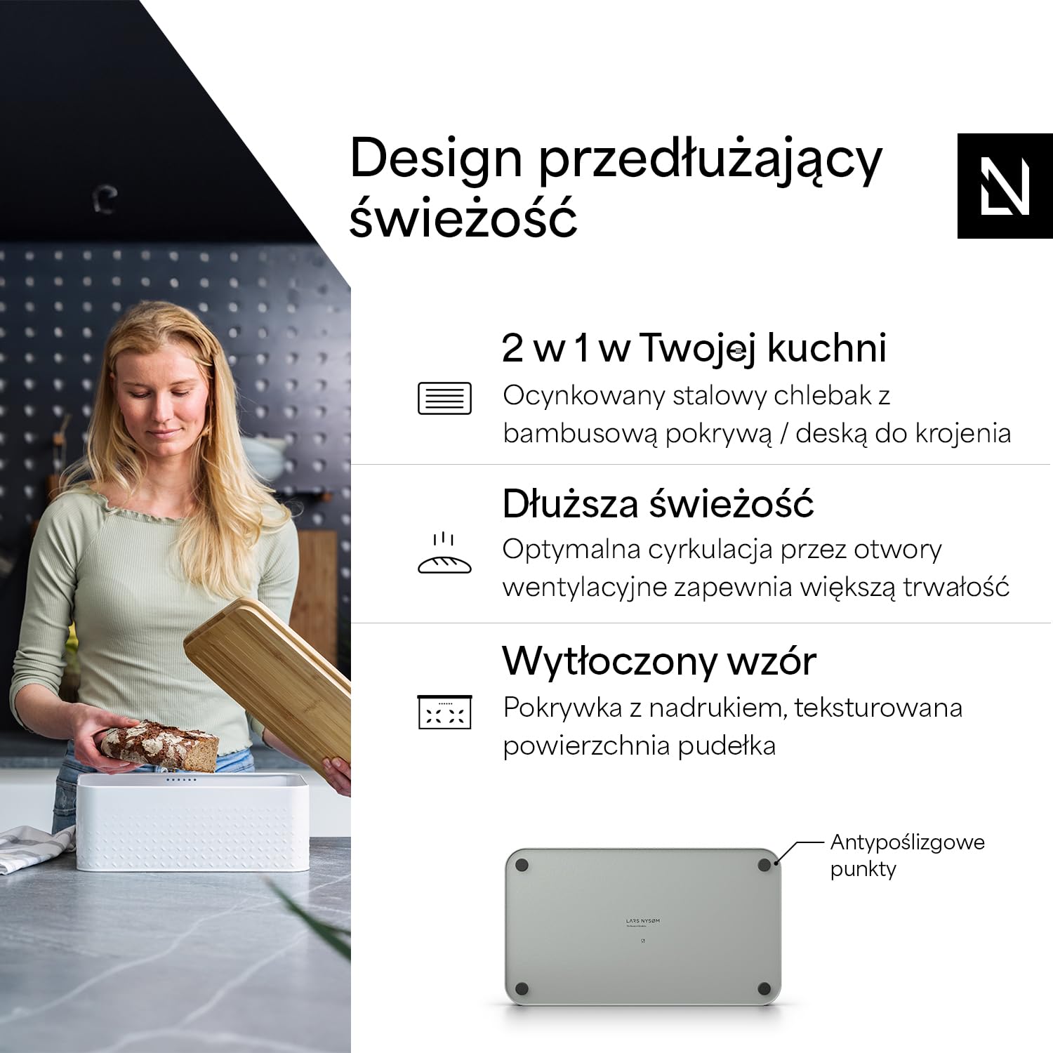 LARS NYSØM Chlebak z lnianym workiem na chleb dla długotrwałej świeżości I chlebak bambusowa pokrywka nadaje się jako deska do krojenia I 34x19,5x13,5cm (Pebble Gray)