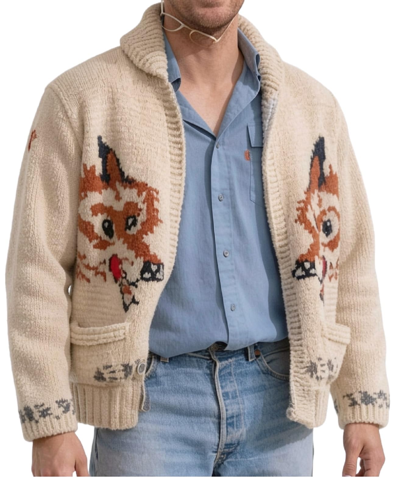 Suéter de lana de punto con patrón de lobo para hombre, estilo vaquero, inspirado en la película clásica, ropa de abrigo para cosplay