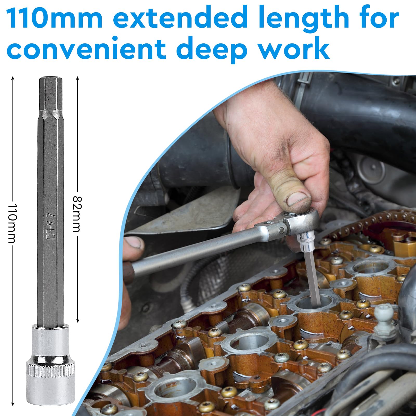 CPROSP 7 Pieces Long Hexagonal Sockets 3/8 Inch Extra Length 110 mm with 3/4/5/6/7/8/10 mm Socket in Chrome Vanadium Steel with Plastic Case - Image 3