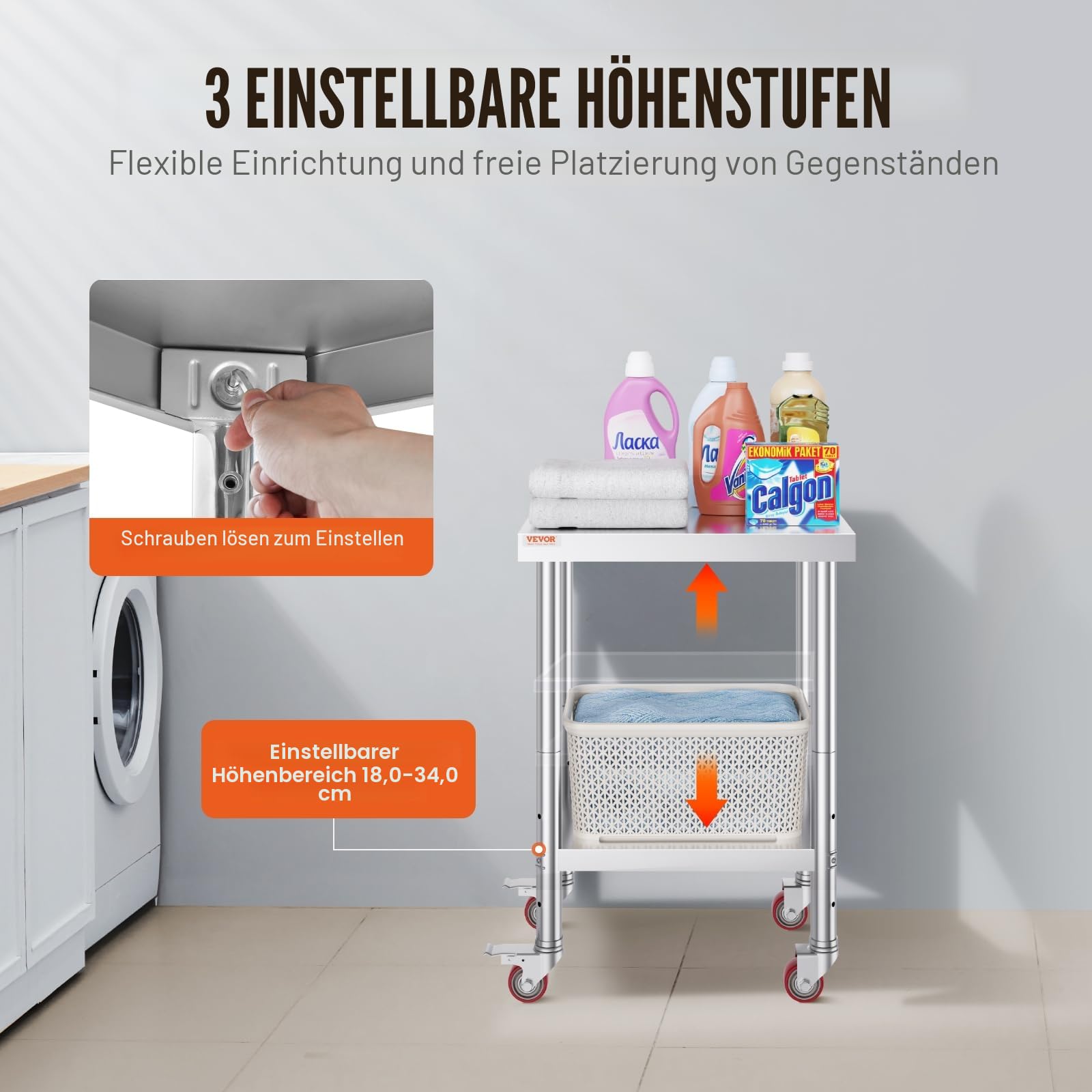 VEVOR Edelstahltisch Arbeitstisch 61 x 46 x 86 cm, Gastronomie Küchentisch mit 100 kg Tragkraft, Vorbereitungstisch mit 4 Verstellbaren Füßen, Serviertisch Rollbar für Küche Bar & Restaurant