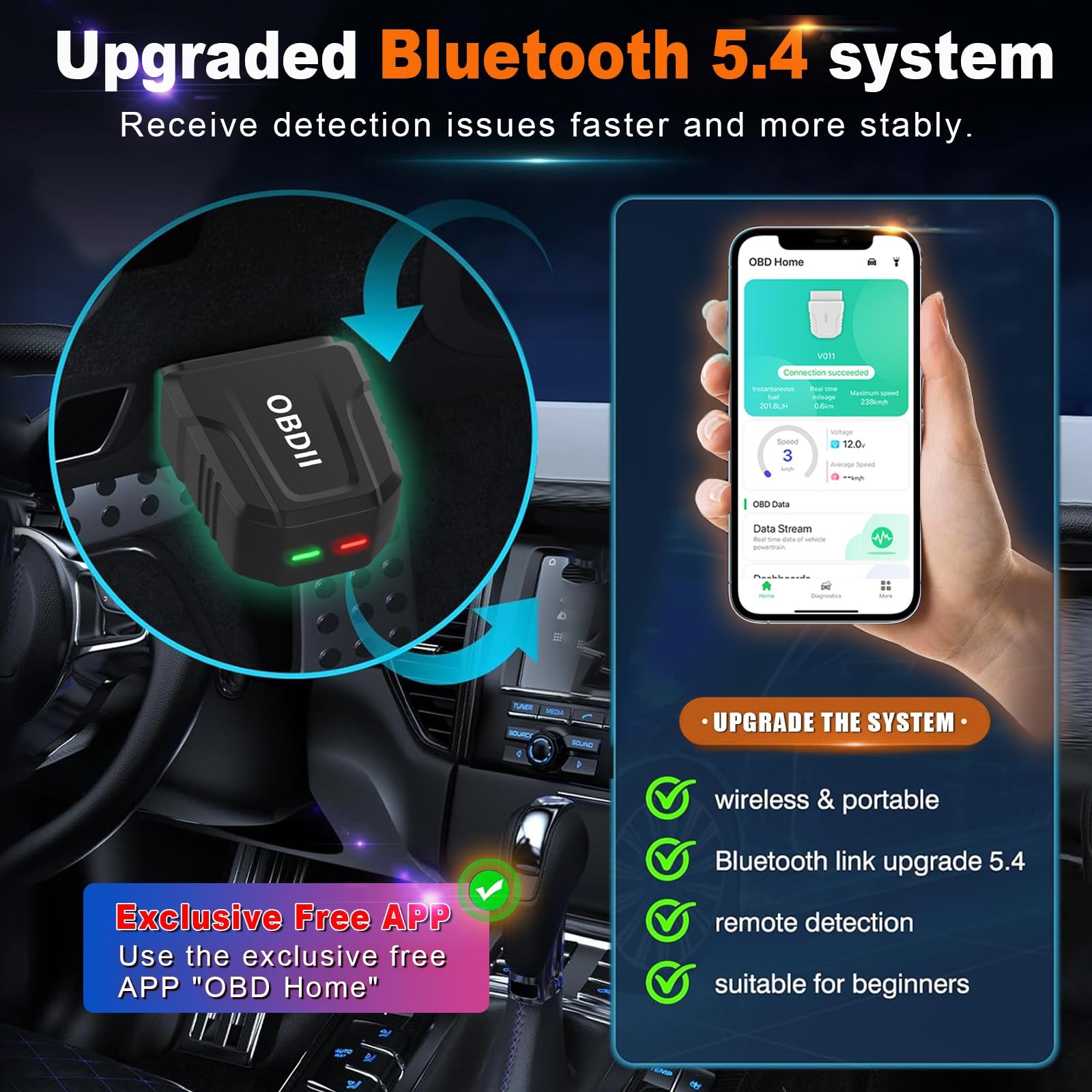 Skaner OBD2 ulepszony bezprzewodowy czytnik kodu samochodu z automatycznym wykrywaniem silnika Bluetooth 5.4, mini narzędzie do automatycznej diagnostyki dla iOS Android i Windows