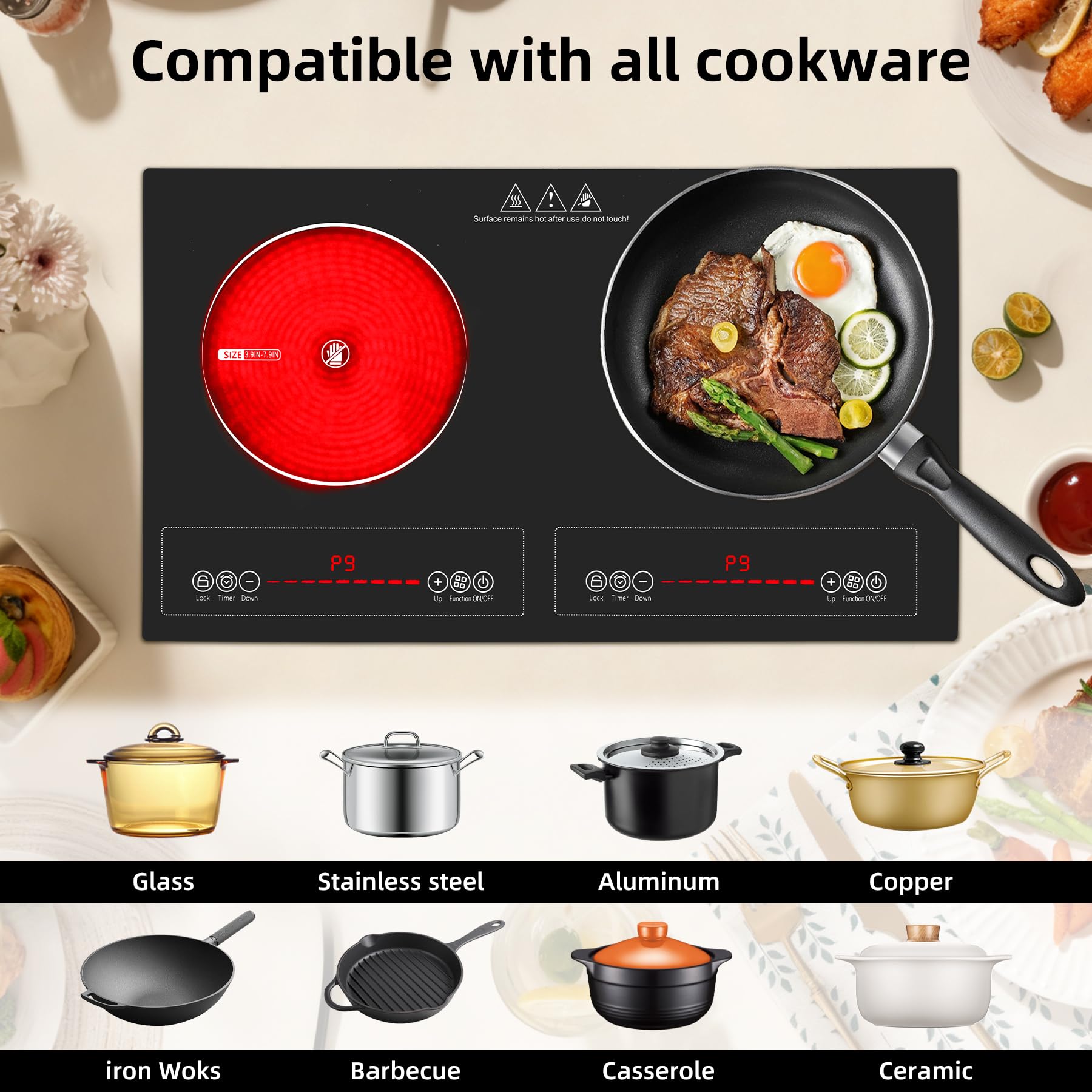 Wesonorous 2 Burner Electric Cooktop,110V 2500W Electric Stove Top with Touch Control,9 Heating Level,Timer & Kid Safety 2 burner cooktop. view 5