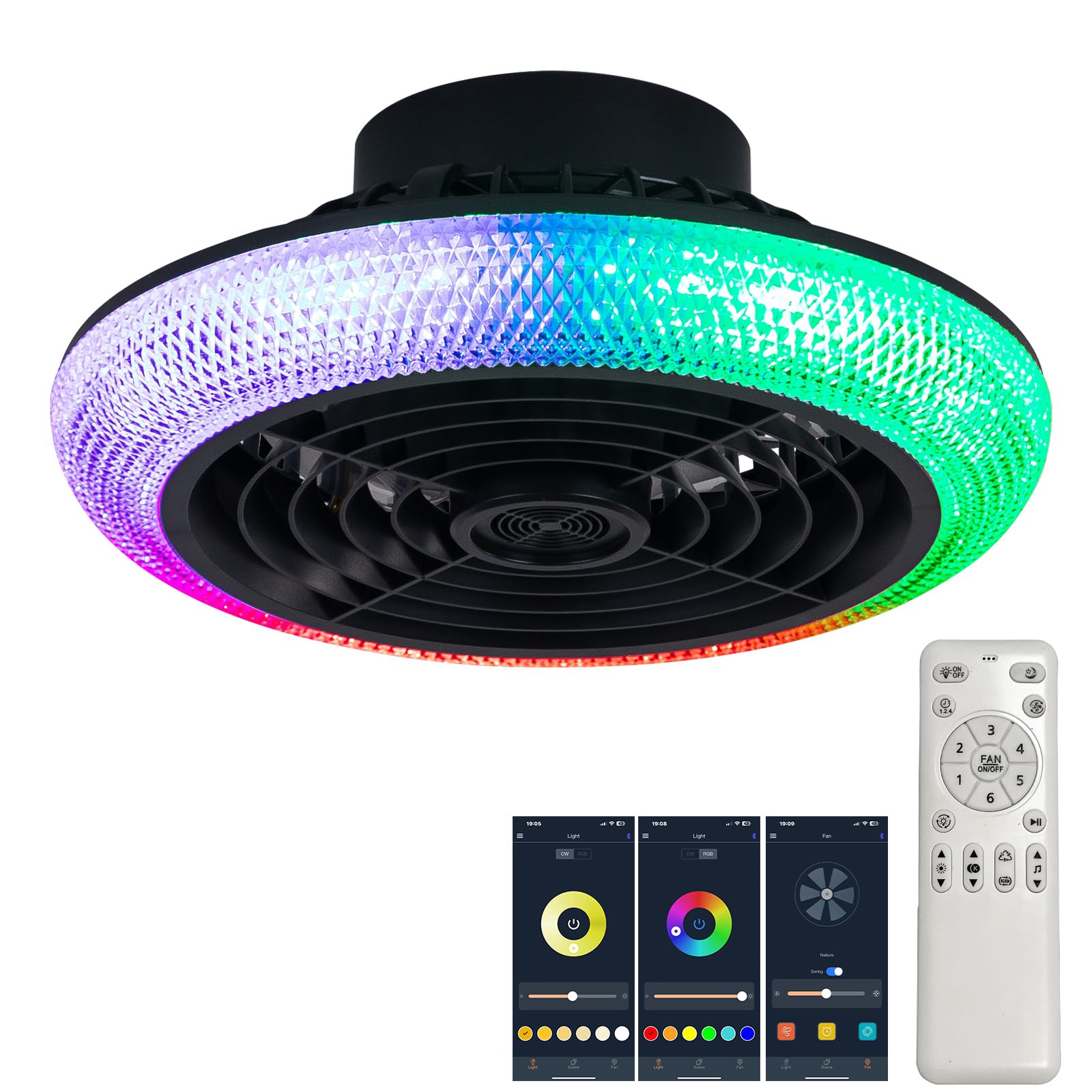 Pequeño Ventiladores Para El Techo Con Lámpara - Altavoz Bluetooth Alexa, 6 Velocidades LED RGB, Plafon Led Ventilador Para Habitaciones Infantiles/Juveniles-Black-A