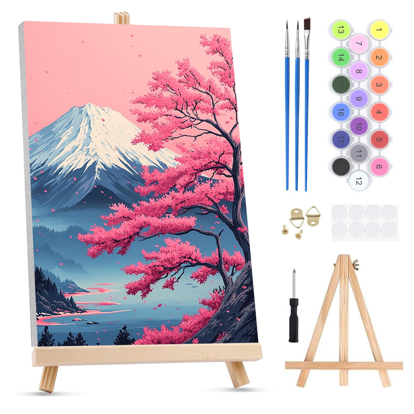 QENSPE Paint by Numbers for Adults on Framed Canvas - with Wooden Easel, Mount Fuji Painting by Number Kit for Beginners, DIY Cherry Blossom Acrylic Oil Painting for Home Wall Decor (8x12 inch)