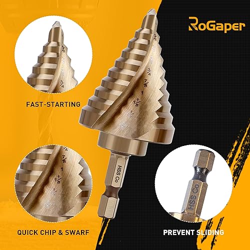 Miniatura 4 de Juego de 6 brocas escalonadas de cobalto, taladro escalonado de vástago hexagonal con dos flautas en espiral y punzón central automático para metal,