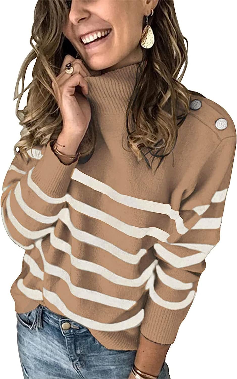 KIRUNDO Fall Sweaters for Women Striped Turtleneck Sweater | Ribbed Knit, Mock Neck, Long Sleeve, Trendy Pullover Jumper, Shoulder Decoration Button, 2026 Autumn Winter Fashion Clothing