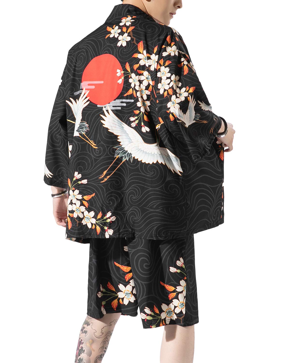 Men's Japanese Style Kimono Tops Pants Sets Lightweight Casual Seven Sleeves Open Front Cardigan & Shorts