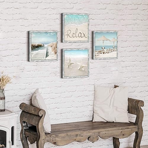 Miniatura 10 de Arte de pared de madera enmarcado en la playa juego de 4 ilustraciones de estrellas de mar y dólar de arena impresiones de fotos de paisaje marino