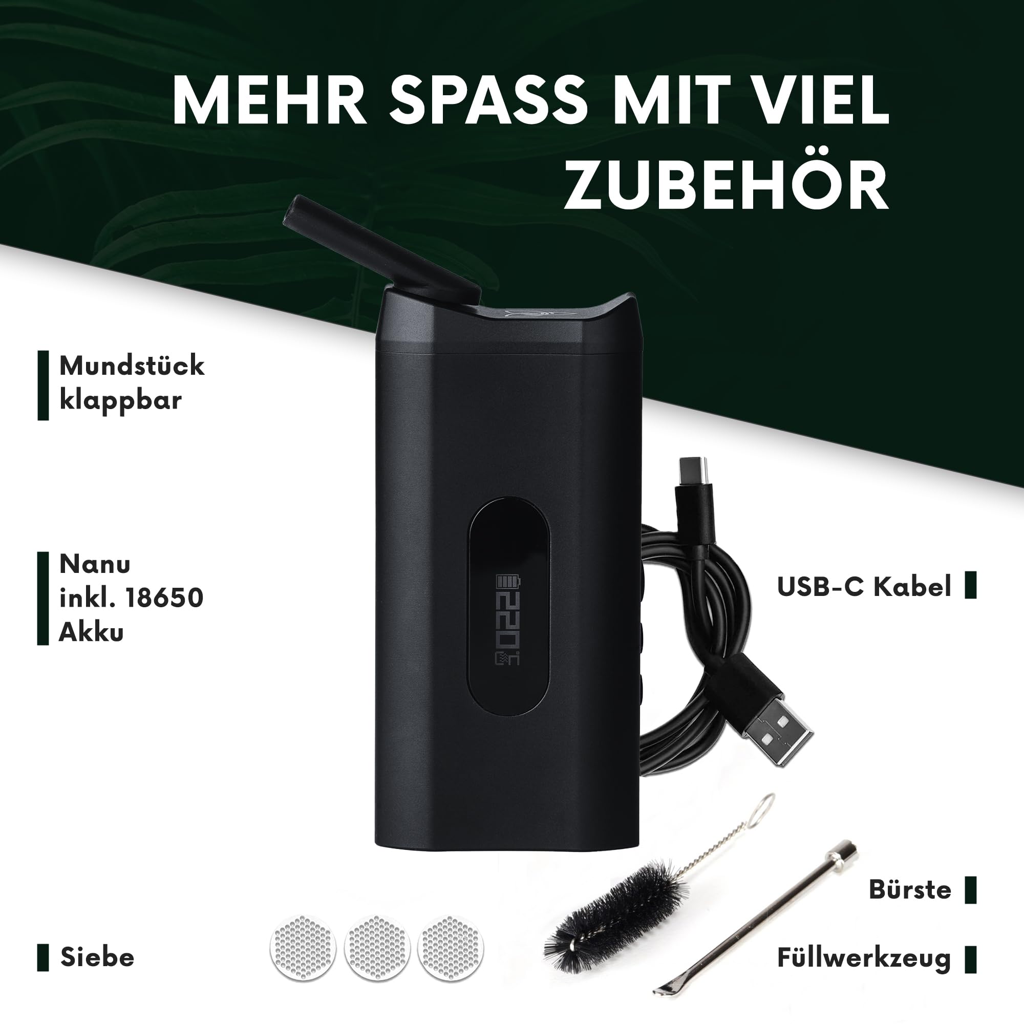 HIZEN Nanu Kräuter Vaporizer | Premium Verdampfer für Kräuter | Hochleistungs Konvektionstechnologie | 3600 mAh Akku austauschbar | Isolierter Luftstrom | Endless Timer | Schwarz