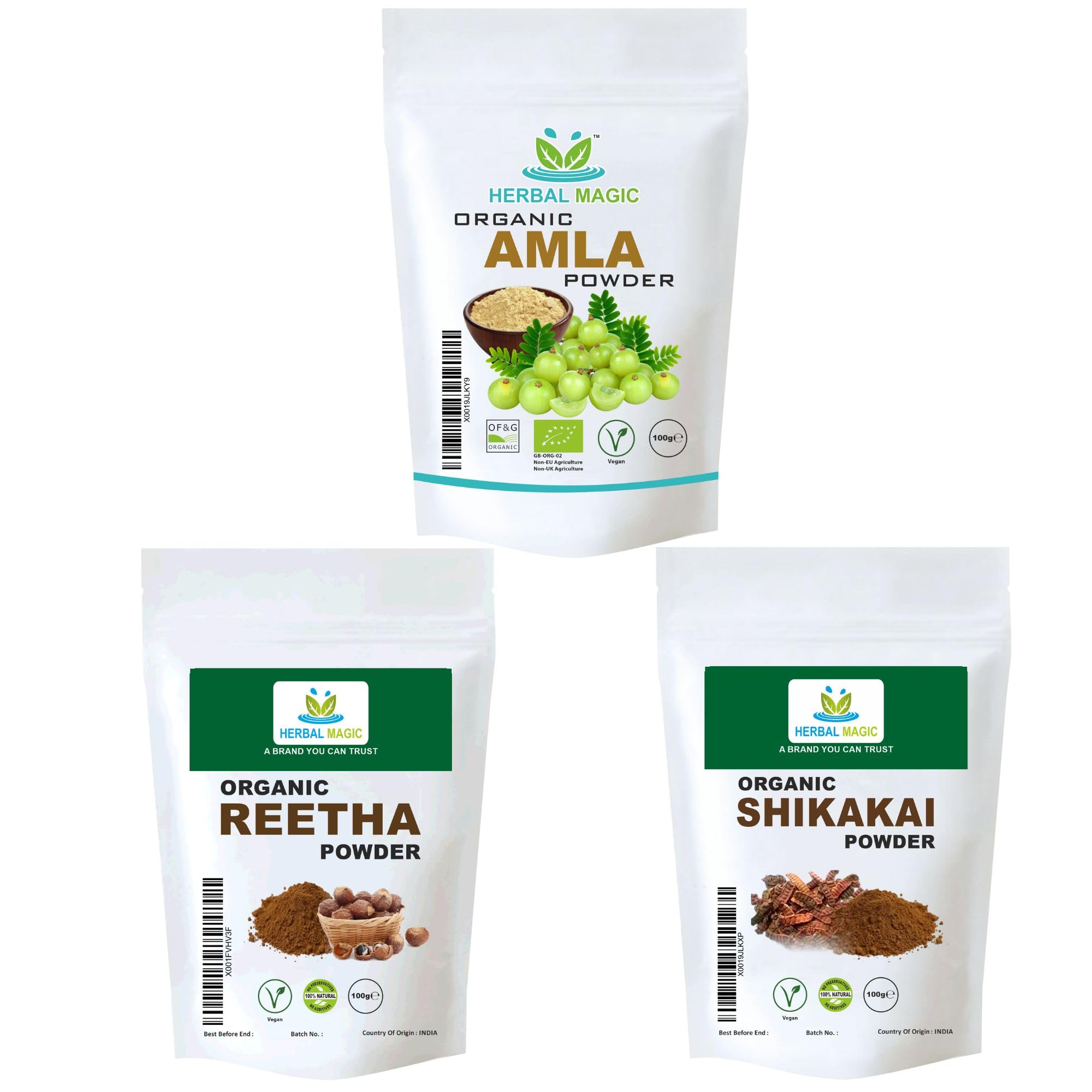 Herbal Magic's 100g - Pure & Natural Amla, Reetha & - Shikakai Powder Natural Hair Conditioner Face Mask - Free from Fillers & Preservatives