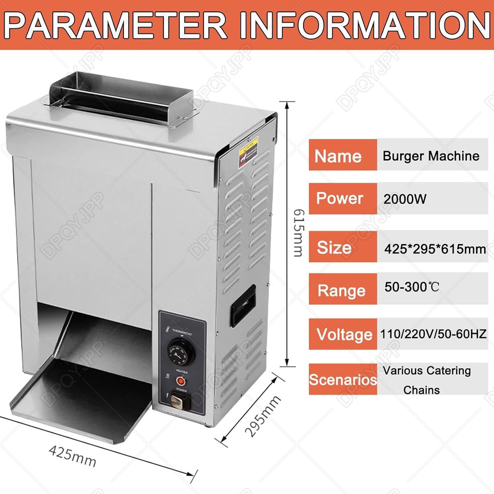Komercyjny pionowy opiekacz do hamburgerów, automatyczny opiekacz do bułek, z regulowaną temperaturą 50-300°C, do fast foodów/restauracji/piekarni, 2000 W