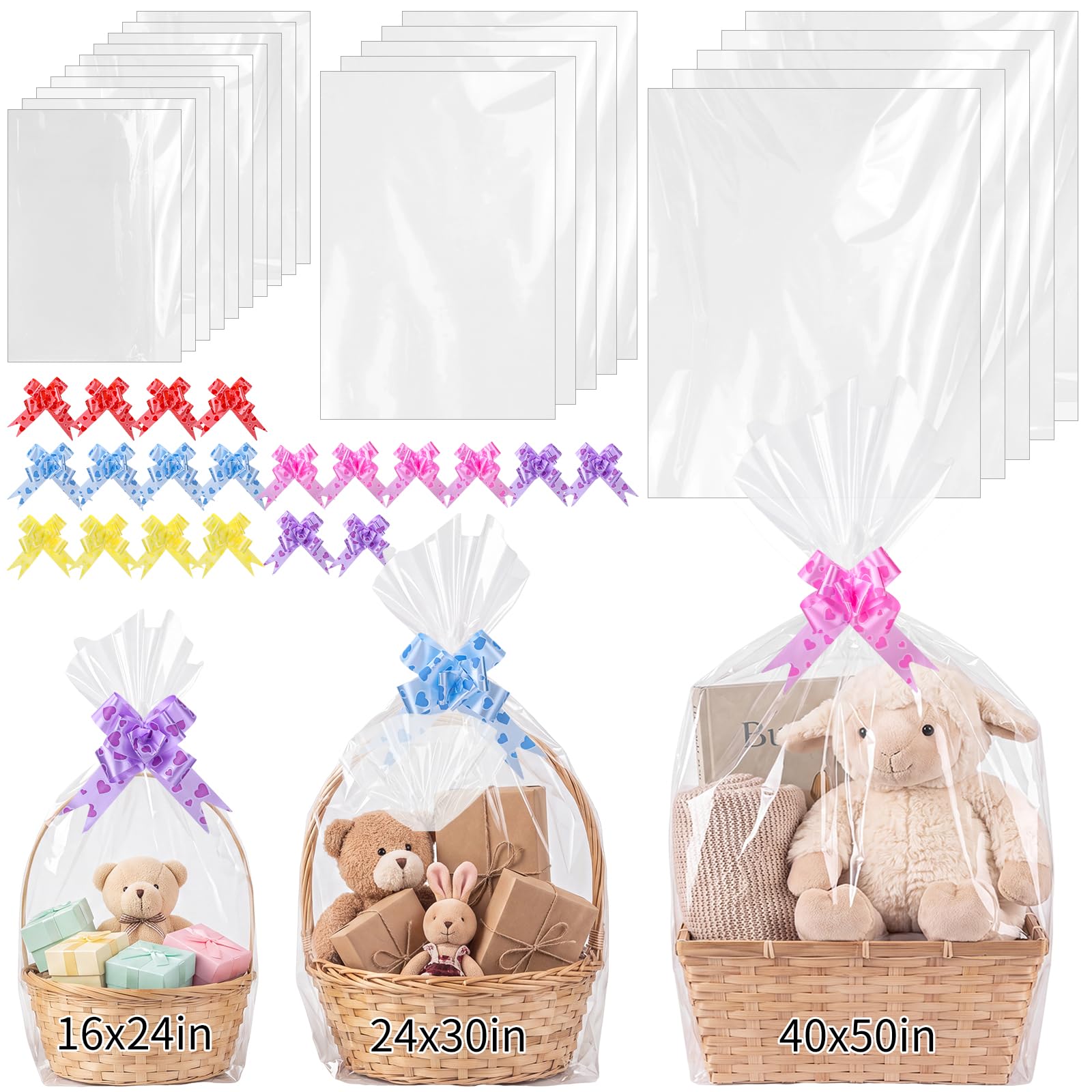woric 3 Size Clear Cellophane Gift Bags 40x50 24x30 16x24in with Pull Bows