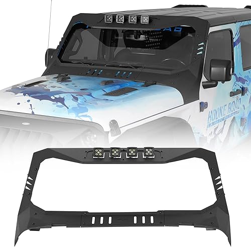 Hooke Road Madmax - Cubierta de marco de parabrisas con 4 luces LED para Jeep Wrangler JL y Gladiator JT 2018-2025 (excluye JT Mojave, Wrangler 4xe,