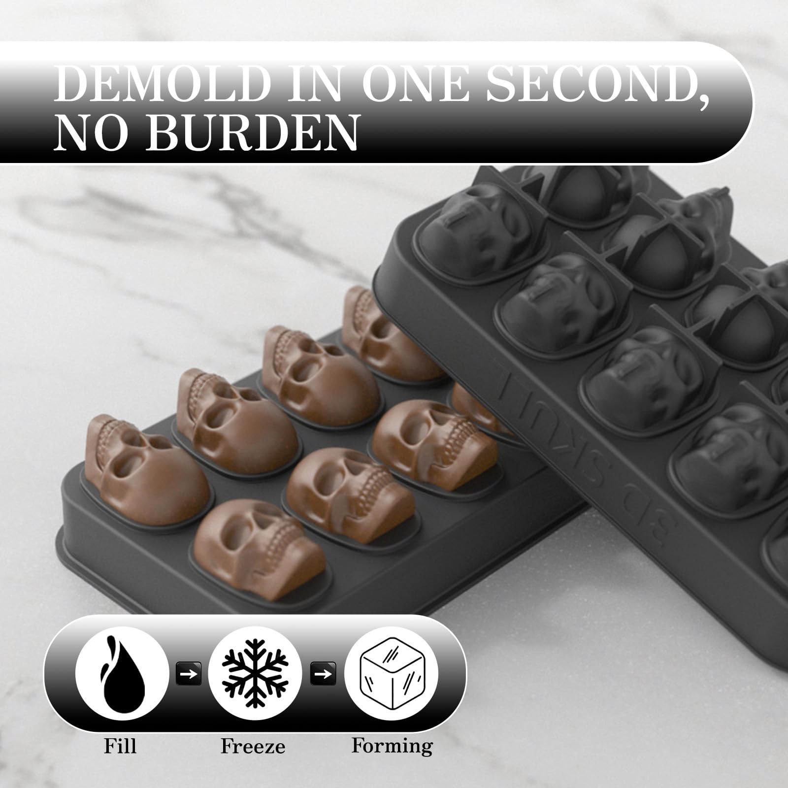 Stampo per cubetti di ghiaccio, in silicone con coperchio, stampo a forma di testa di cranio, per raffreddare whisky, cocktail, bevande, budino di cioccolato