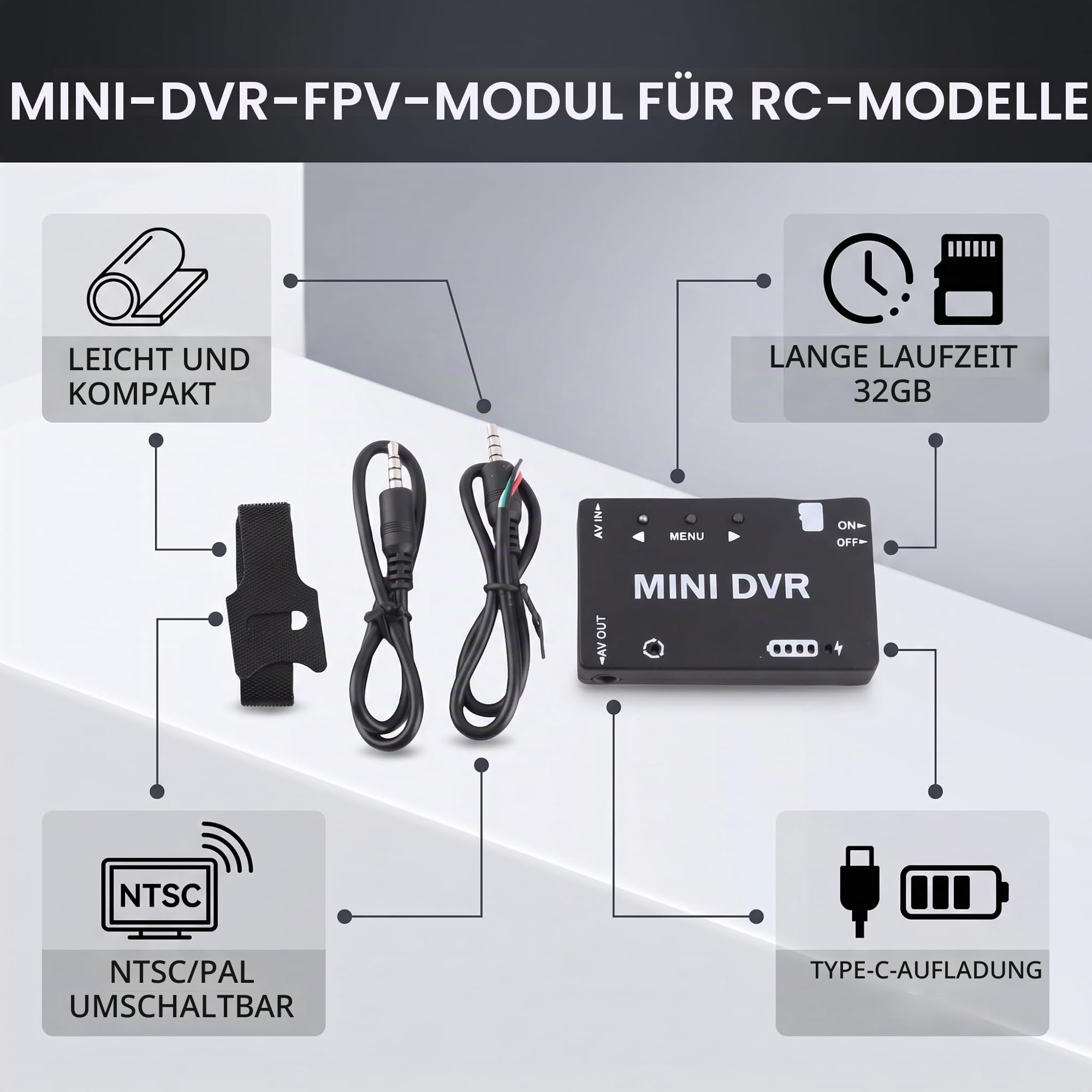 Mini FPV DVR Modul， Aluminiumgehäuse， Integrierter Akku， Video Audio Recorder， Unterstützt NTSC/PAL， Für RC Drohnen/Modellautos