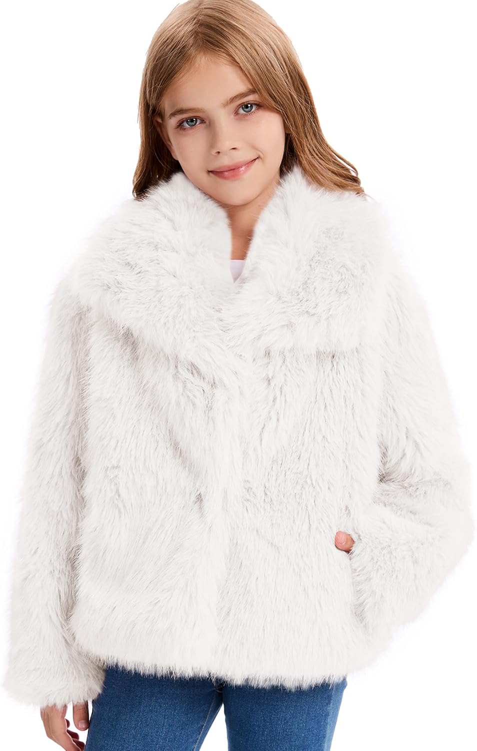 Flygo Girls Faux Fur Coat Kids Fluffy Long Sleeve Lapel Collar Open Front Jacket Warm Winter Shaggy Outwear with Pockets - Image 3