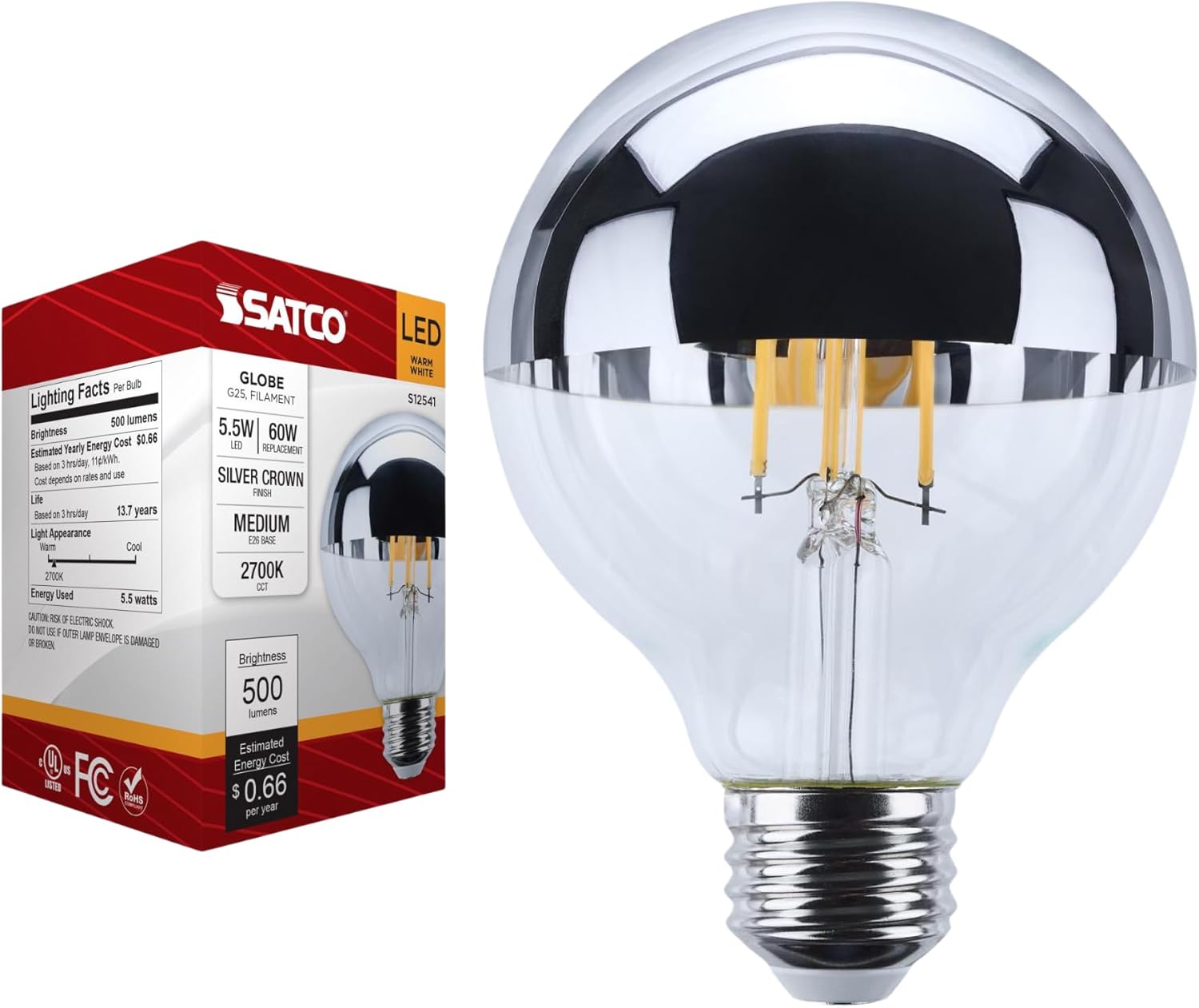 Satco LED G25 Globe Bulb 5.5W 60W Equivalent 2700K Warm White 90+ CRI Silver Crown Medium Base 120V Dimmable – Part S12541