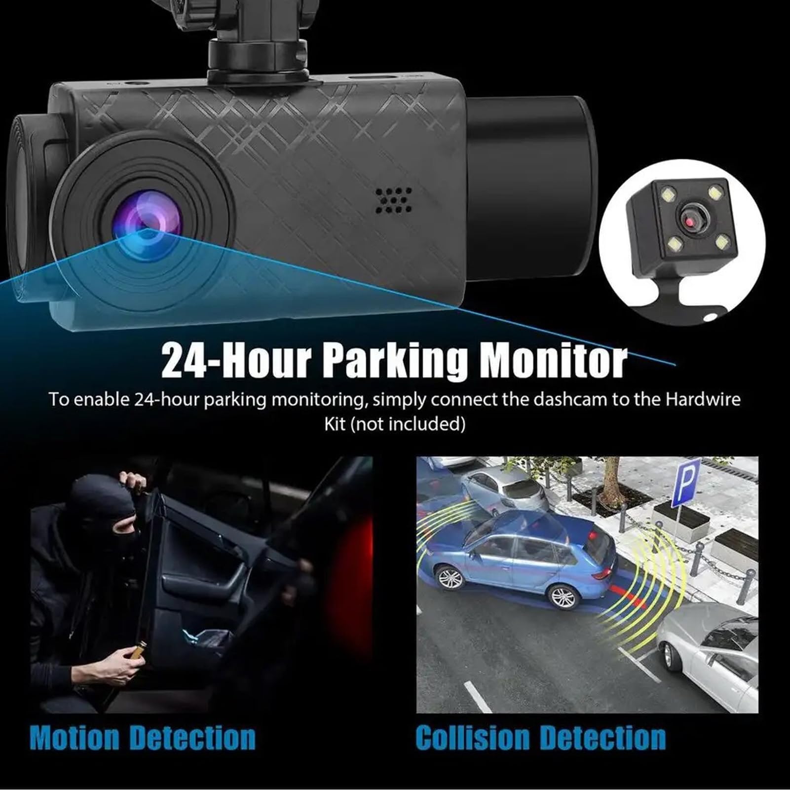3-kanaals Dashcam voor en Achter Binnen, Dashcamera voor Auto's met Bewegingsdetectie, G-sensor, Parkeermonitor, 24 Uur Opnemen, 3 Weergavemodi