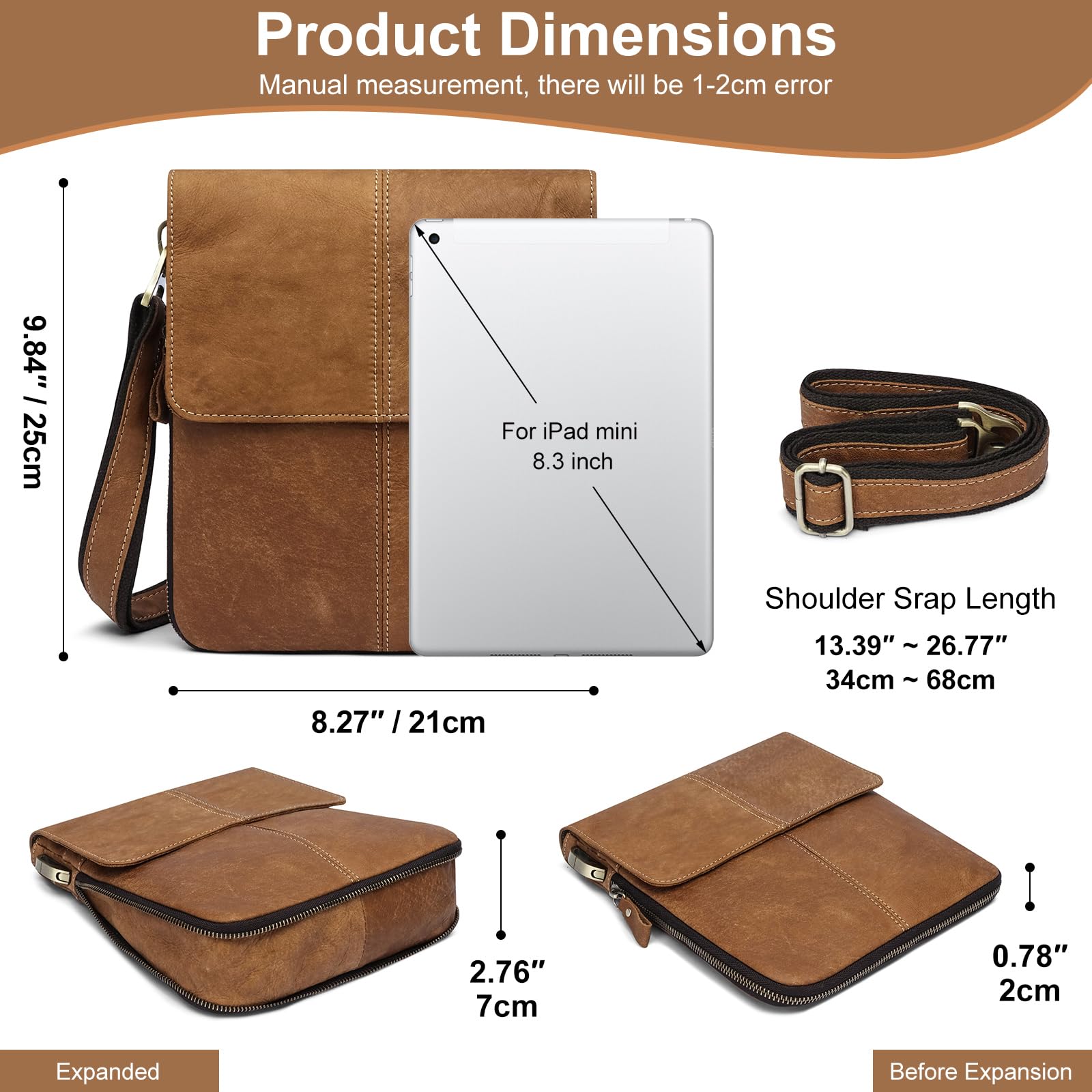 BAIGIO Umhangetasche Herren Leder Schultertasche Herrentasche fur Arbeit Reise Alltagsleben (Brown)